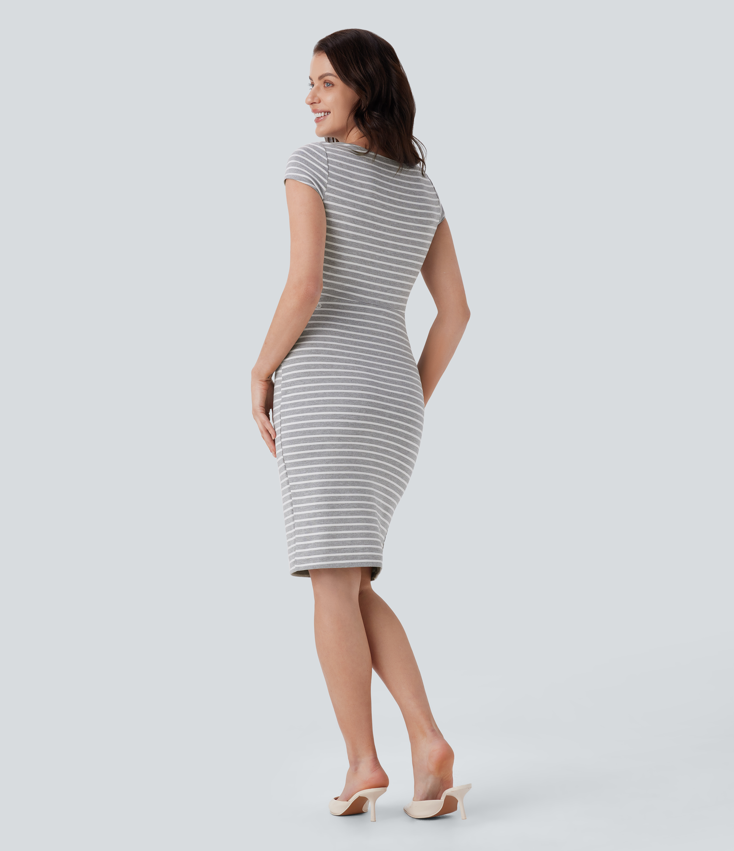 Halara Round Neck Stripe Bodycon Casual Dress Casual Dress - Gray White Horizontal Stripe - XL slip dress beach dress ruched dress 