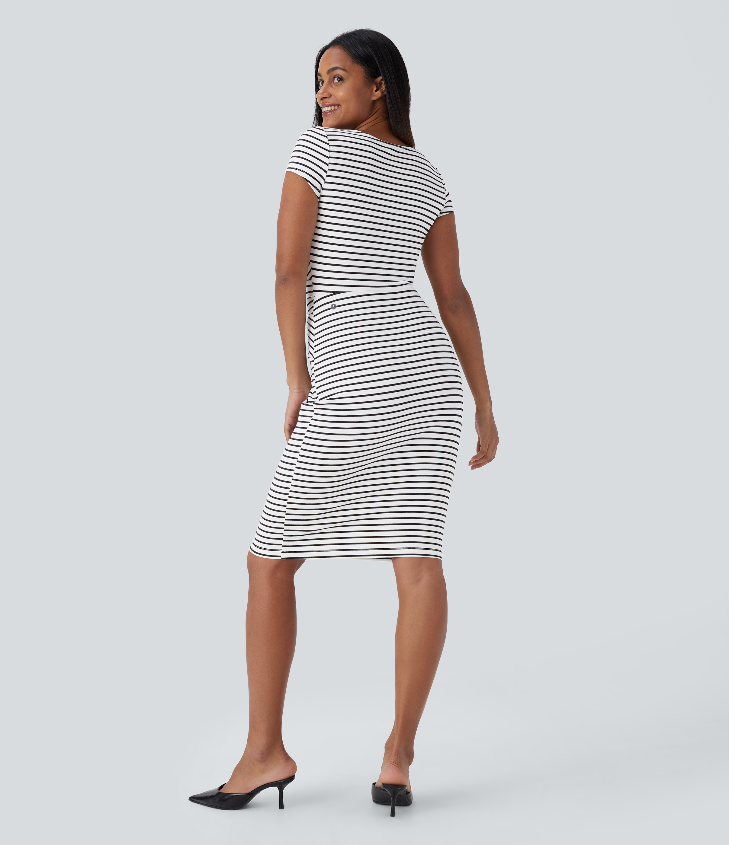 Halara Round Neck Stripe Bodycon Casual Dress Casual Dress - White Black Horizontal Stripe - M slip dress beach dress ruched dress 