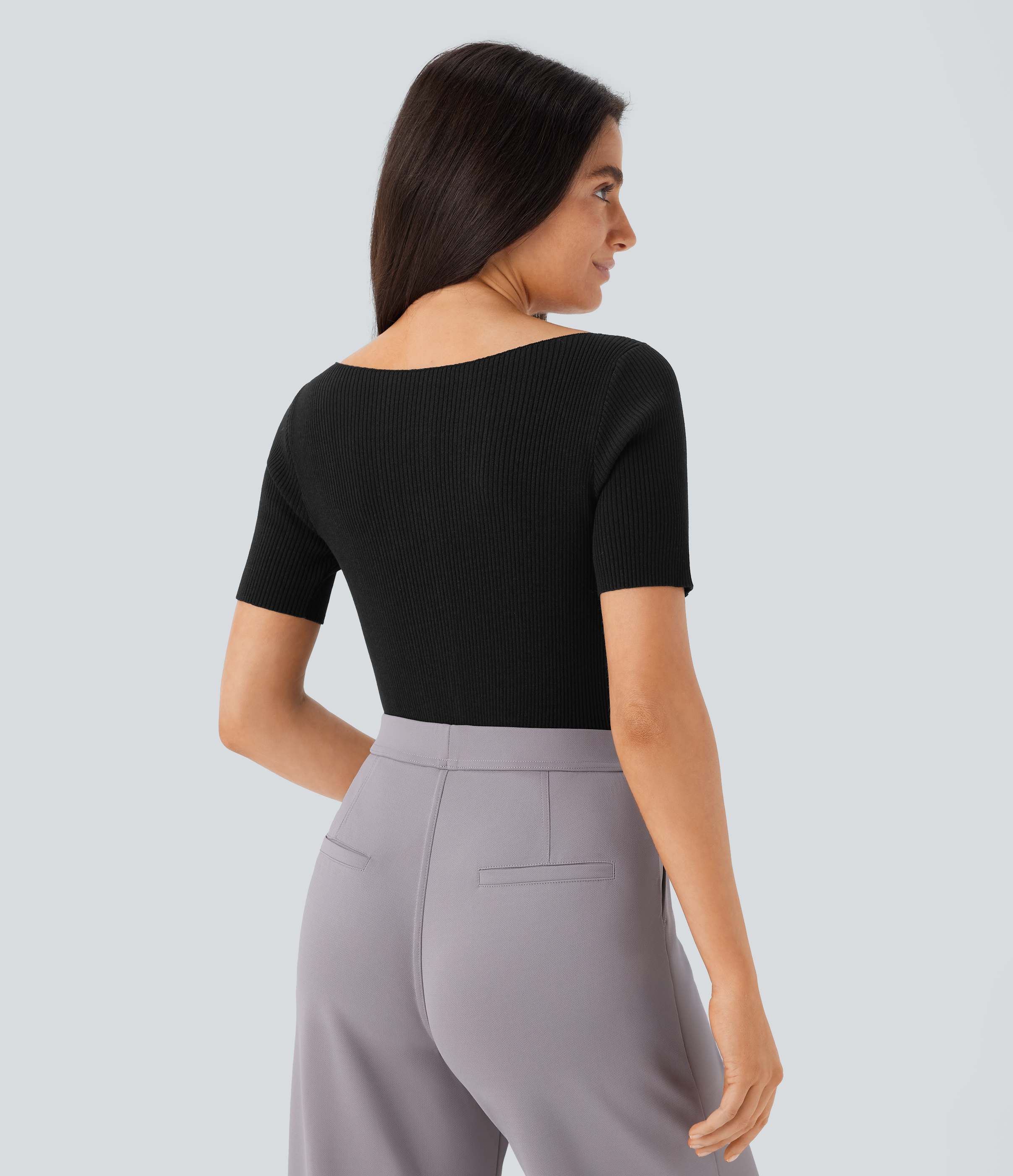 Halara Boat Neck Short Sleeve Slim Work Sweater  - Black - S 