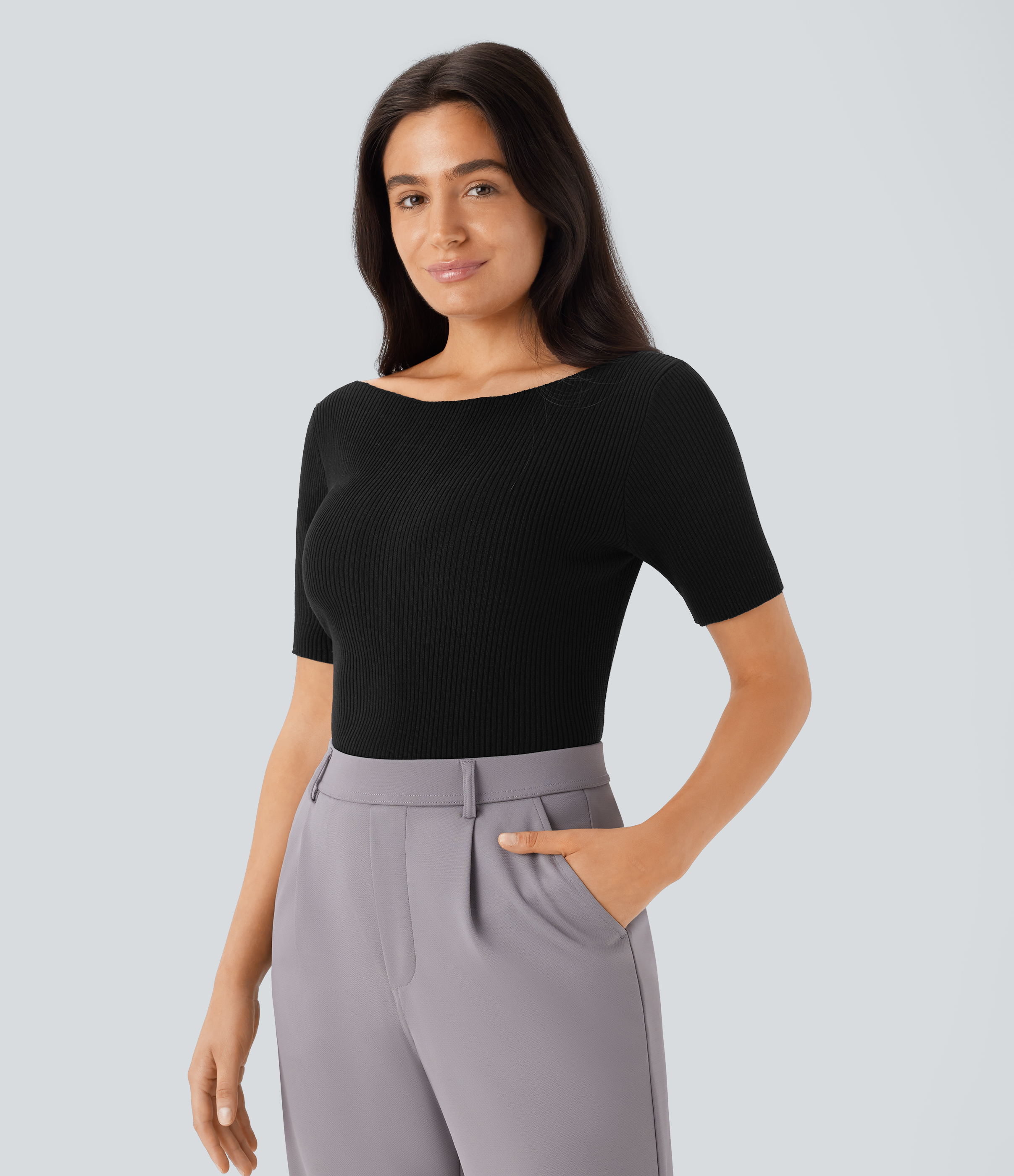 Halara Boat Neck Short Sleeve Slim Work Sweater  - Black - S 