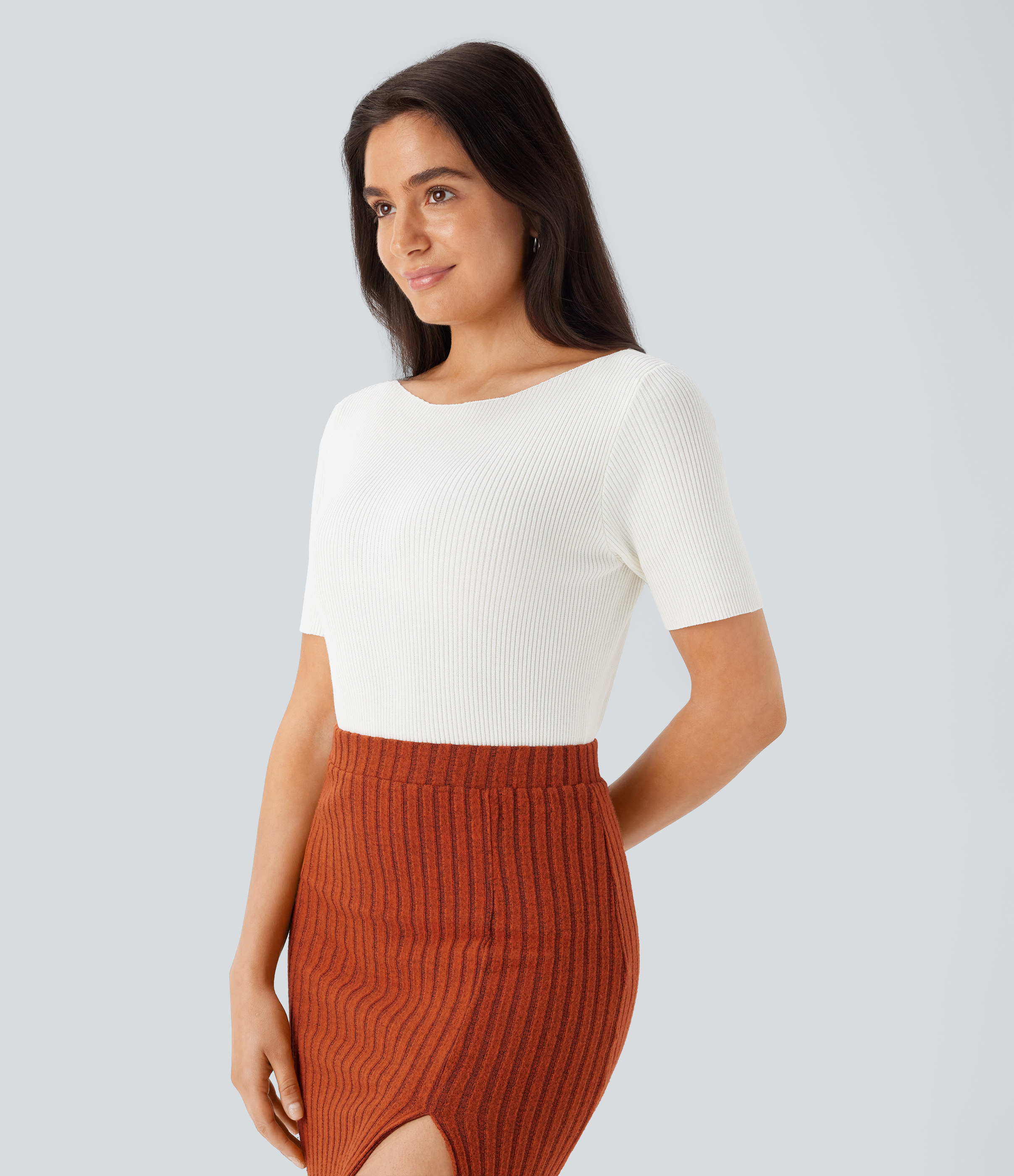 Halara Boat Neck Short Sleeve Slim Work Sweater  - White - XL 