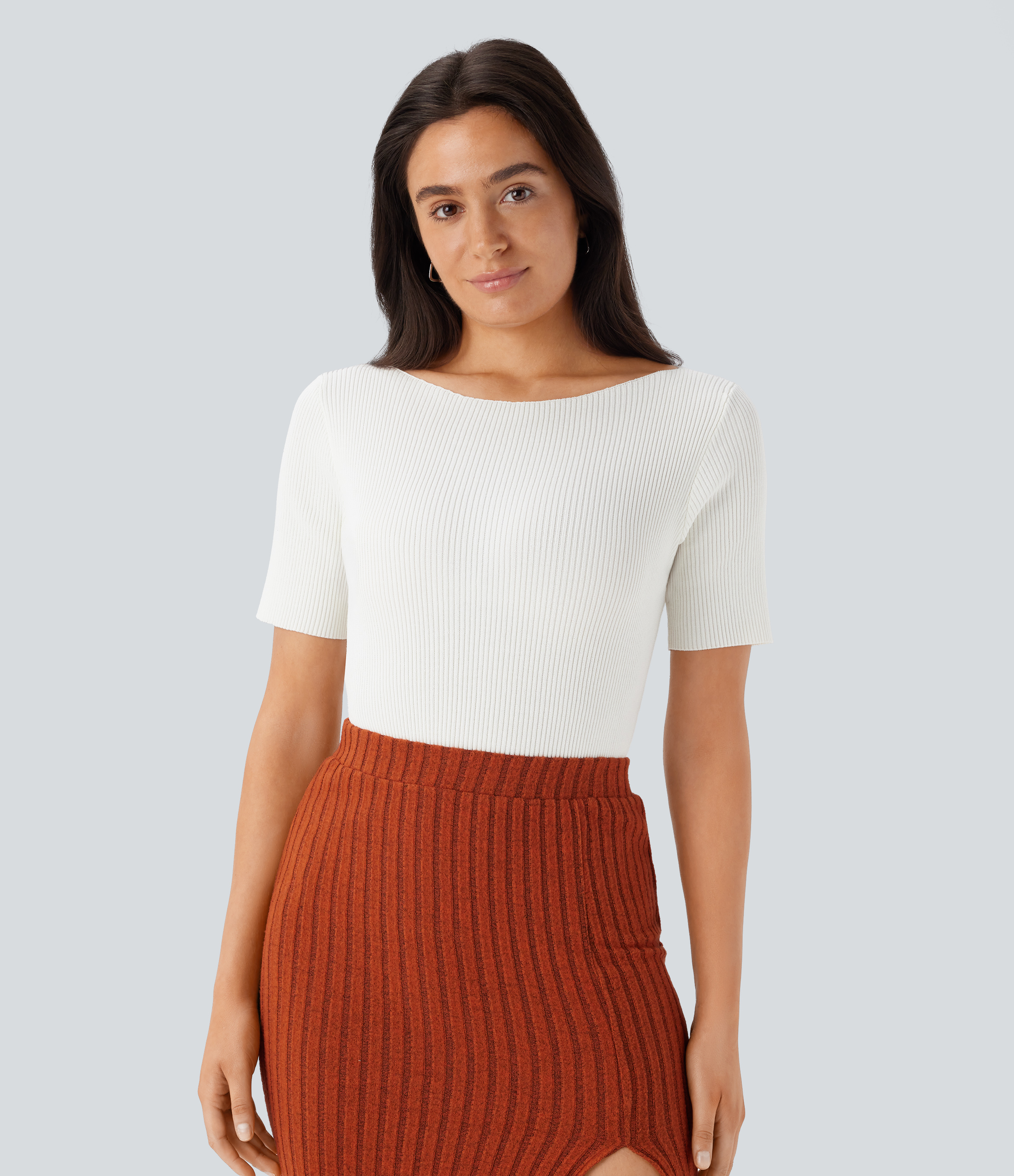 Halara Boat Neck Short Sleeve Slim Work Sweater  - White - XL 