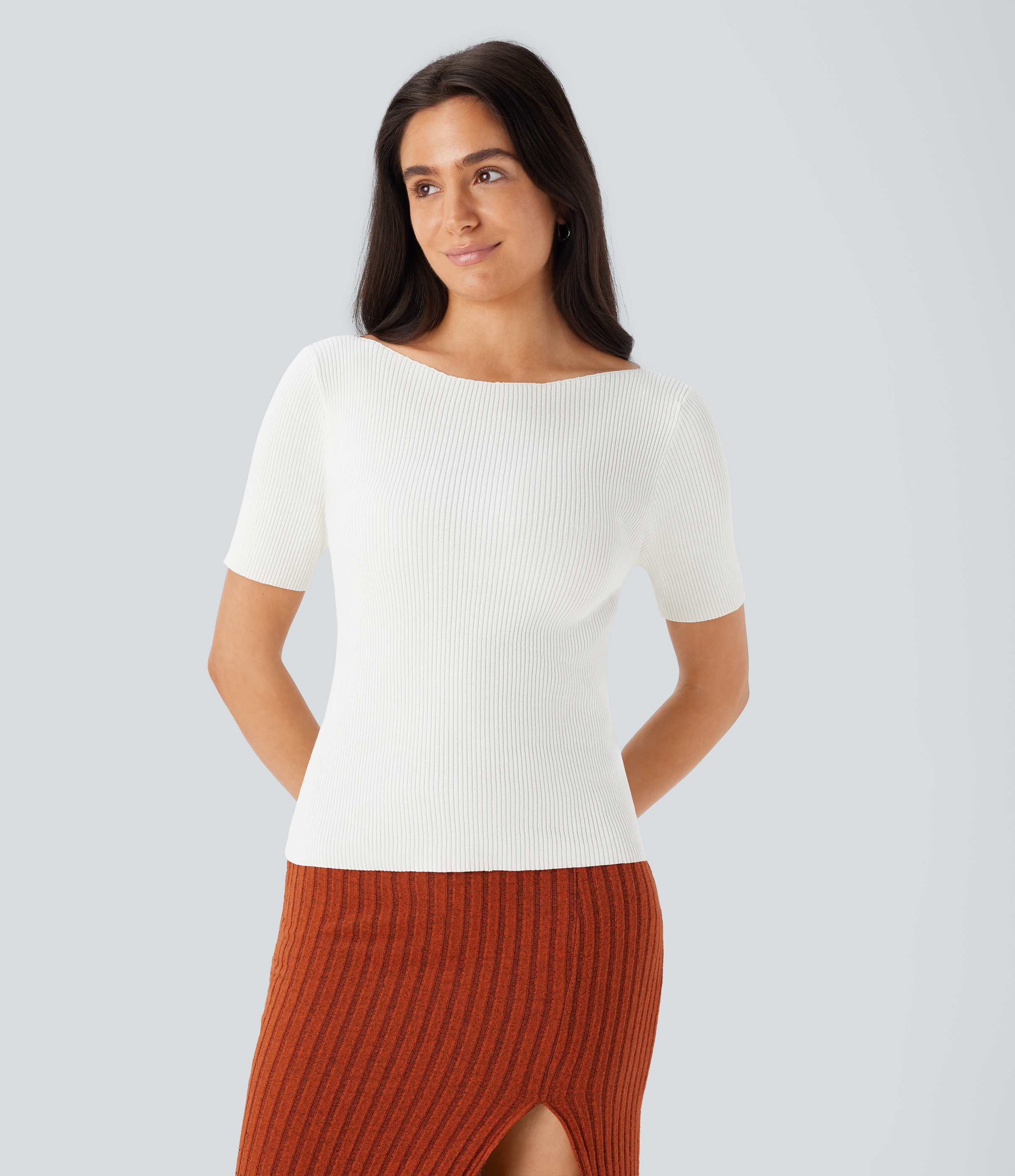 Halara Boat Neck Short Sleeve Slim Work Sweater  - White - XL 