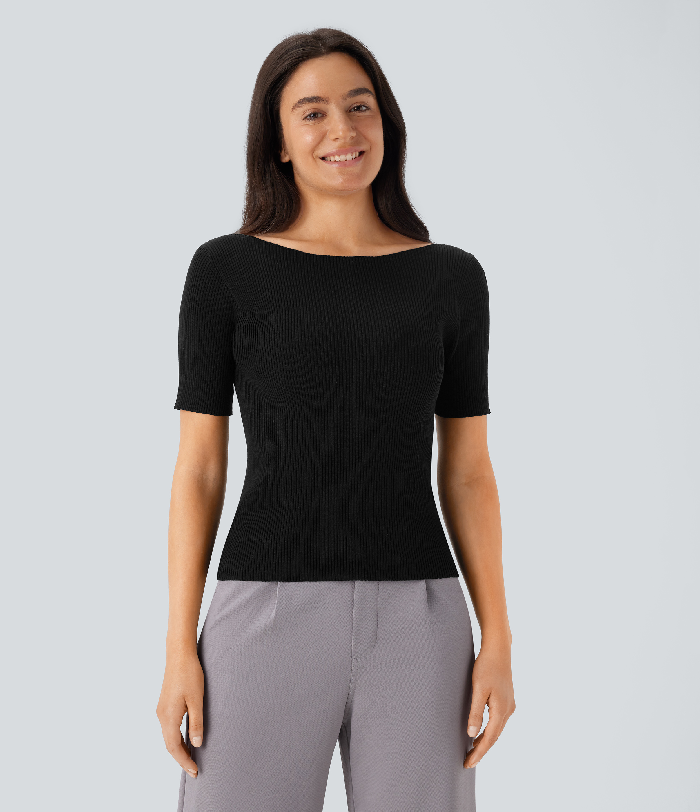 Halara Boat Neck Short Sleeve Slim Work Sweater  - Black - S 
