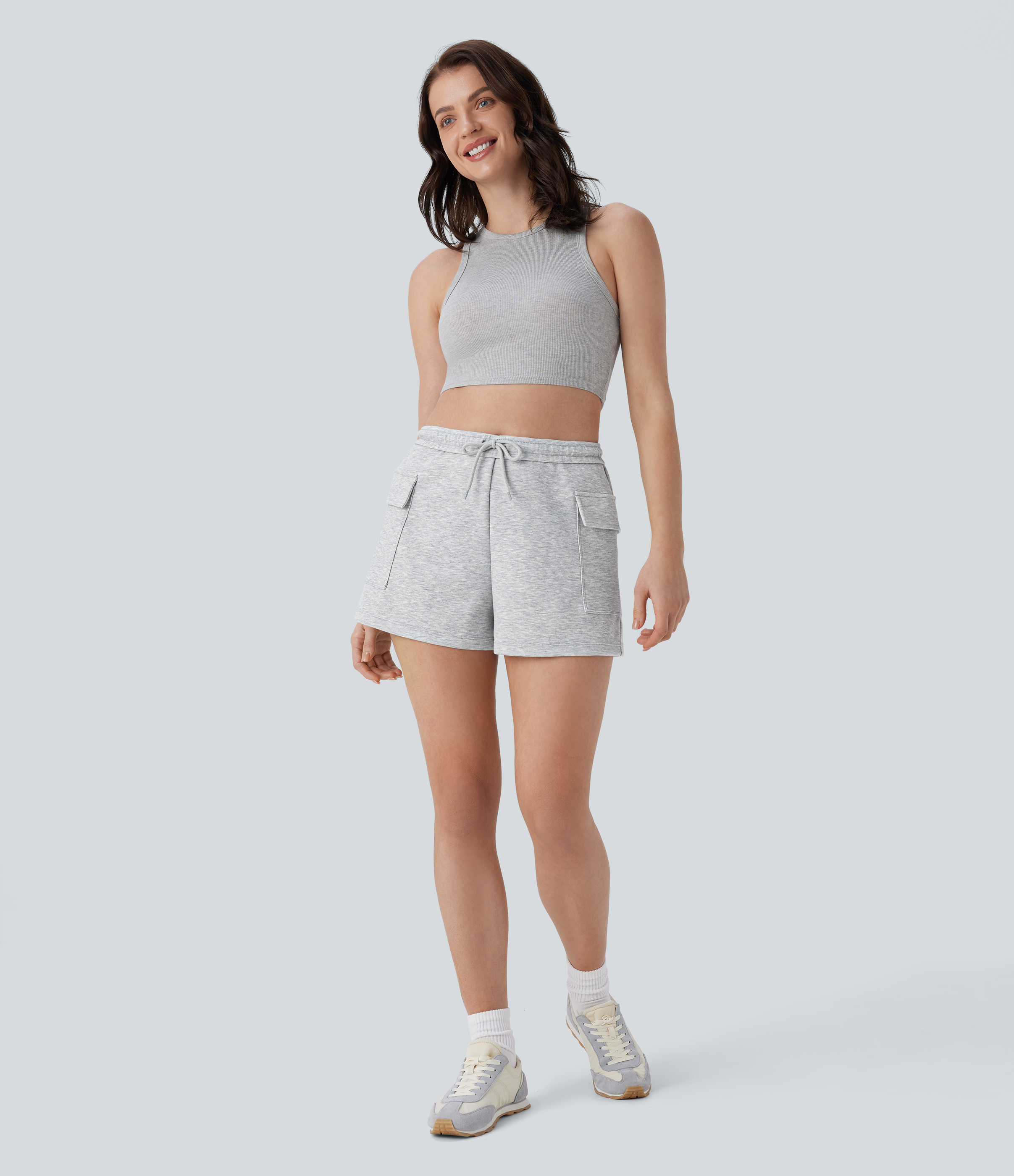 Halara High Waisted Foldover Drawstring Side Flap Pocket Casual Shorts  - Fog Gray - L booty shorts compression shorts yoga shorts 