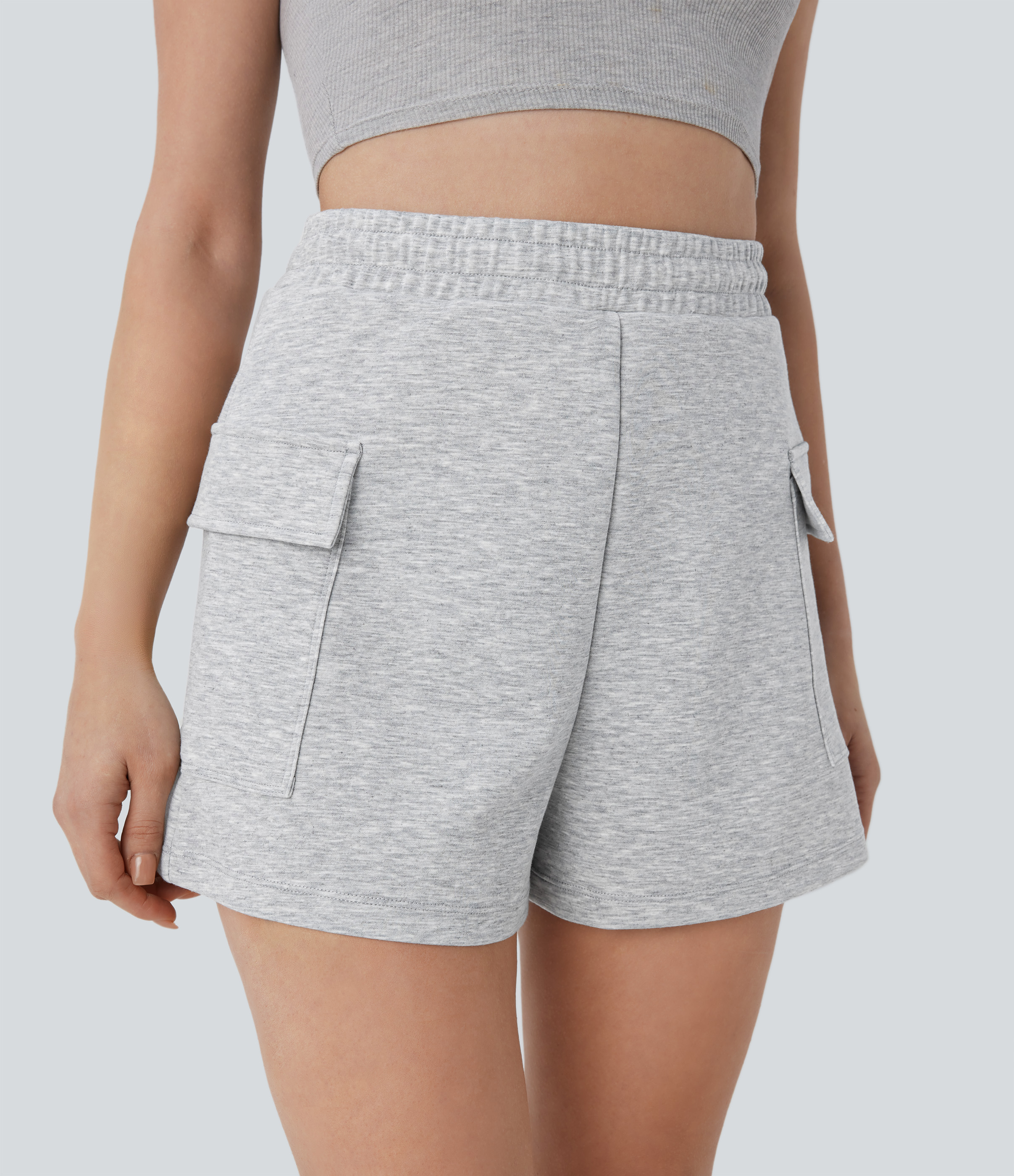 Halara High Waisted Foldover Drawstring Side Flap Pocket Casual Shorts  - Fog Gray - L booty shorts compression shorts yoga shorts 