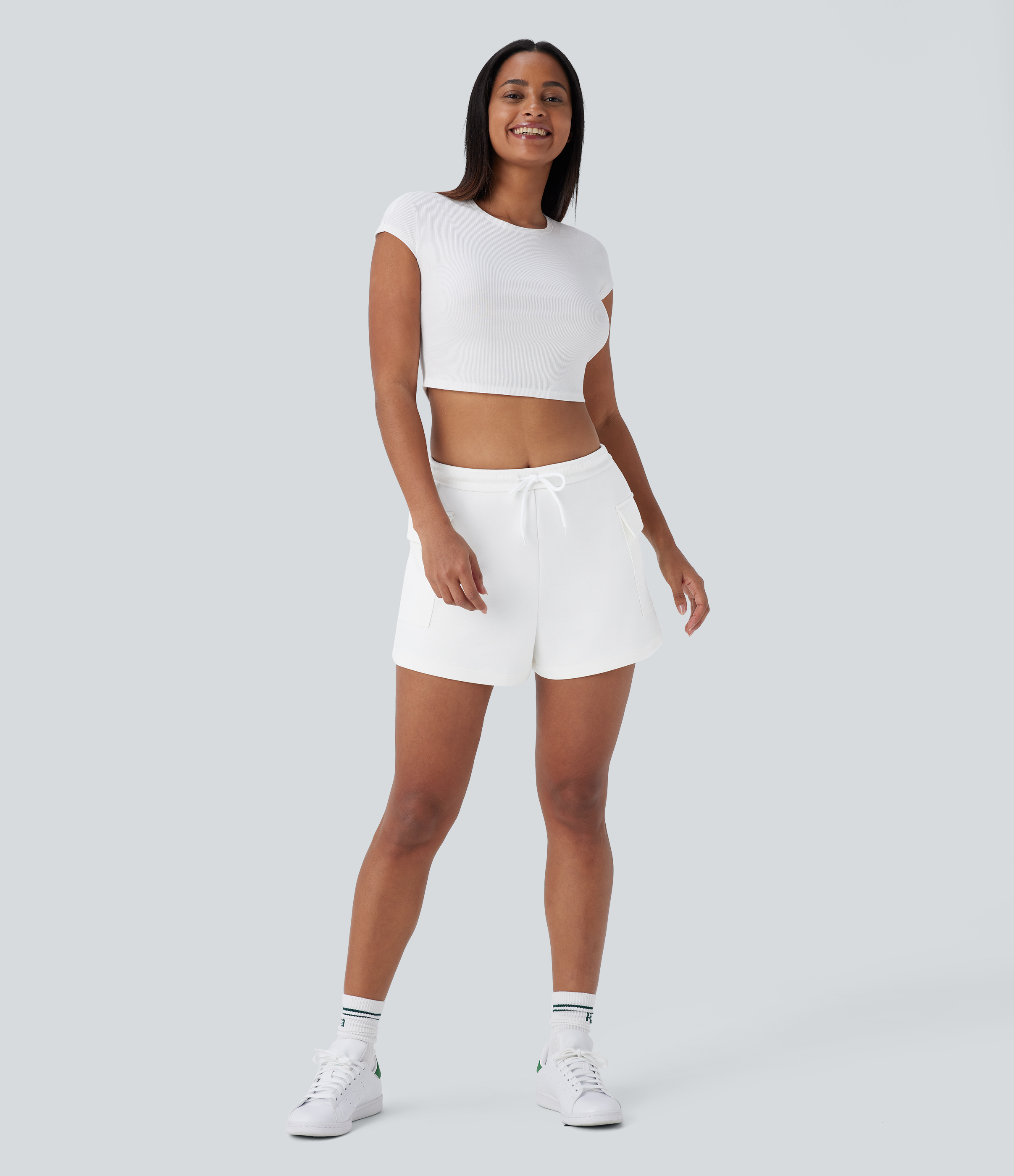 Halara High Waisted Foldover Drawstring Side Flap Pocket Casual Shorts  - White - S booty shorts compression shorts yoga shorts 