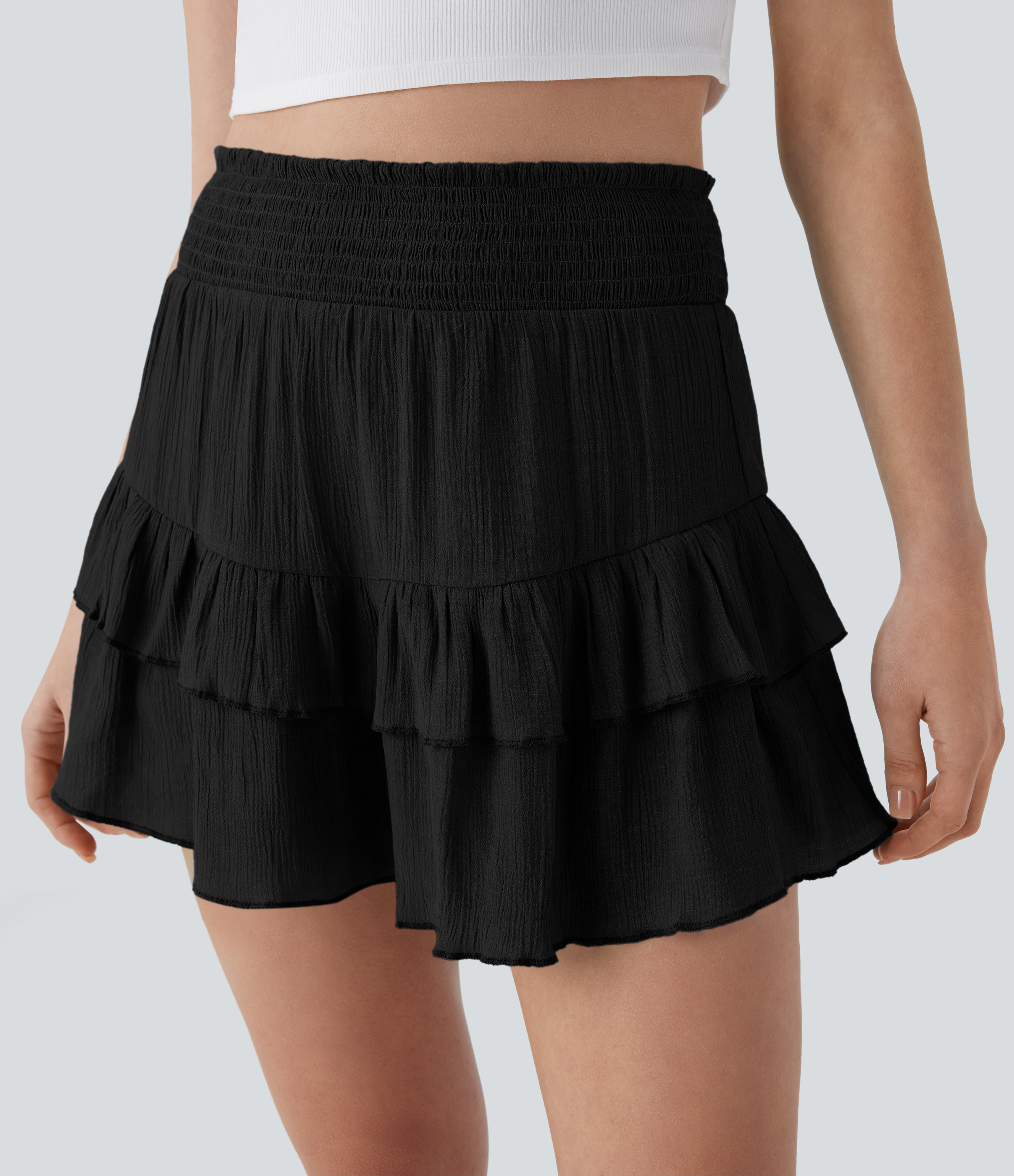 Halara Shirred High Waisted Ruffle Hem Casual Shorts  - Black - XS booty shorts compression shorts yoga shorts 