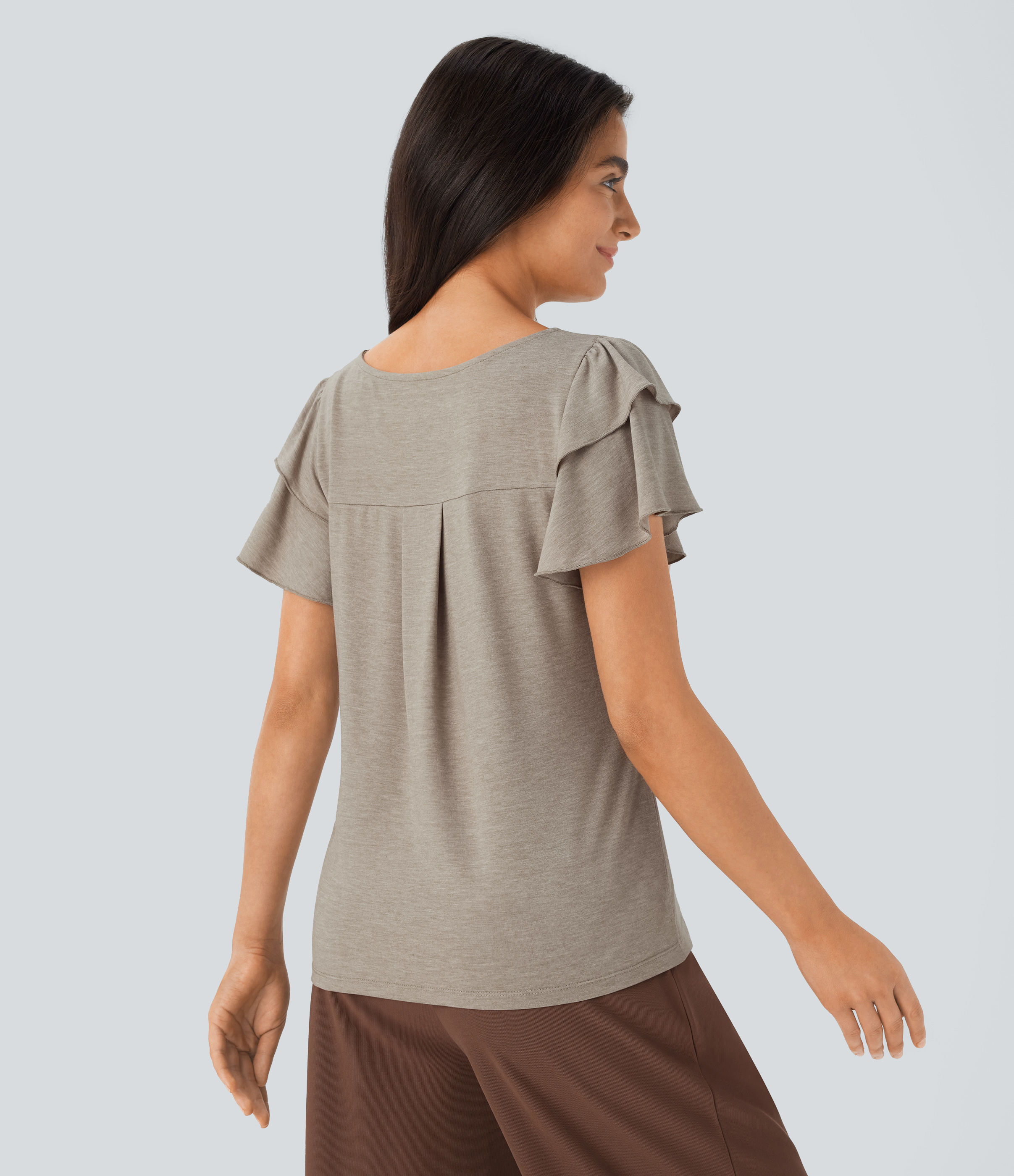 Halara Boat Neck Ruffle Short Sleeve Casual Top Tank Top - Khaki Floral Yarn - XL golf tops halter top tunic tops sleeveless tops 
