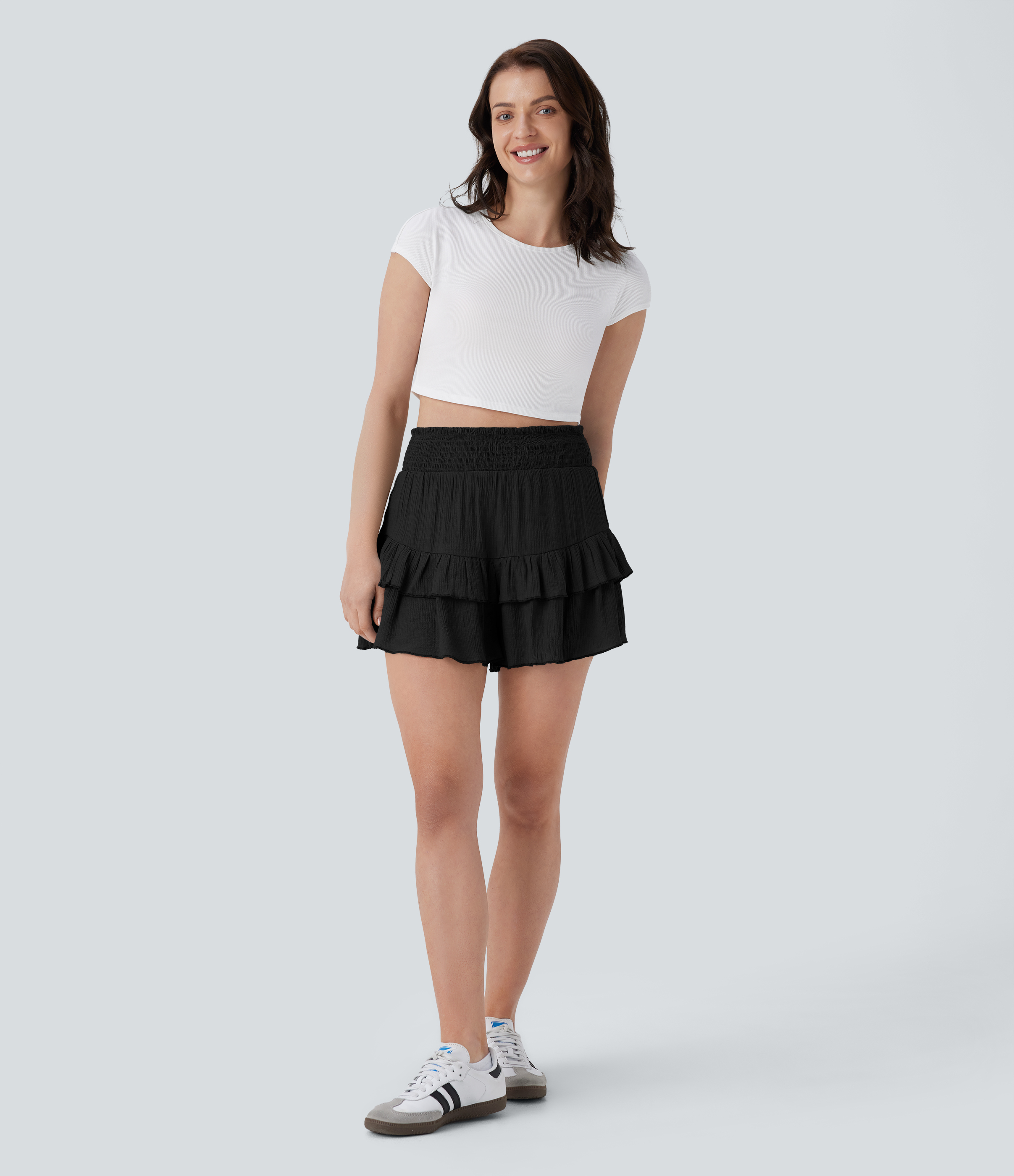 Halara Shirred High Waisted Ruffle Hem Casual Shorts  - Black - XS booty shorts compression shorts yoga shorts 