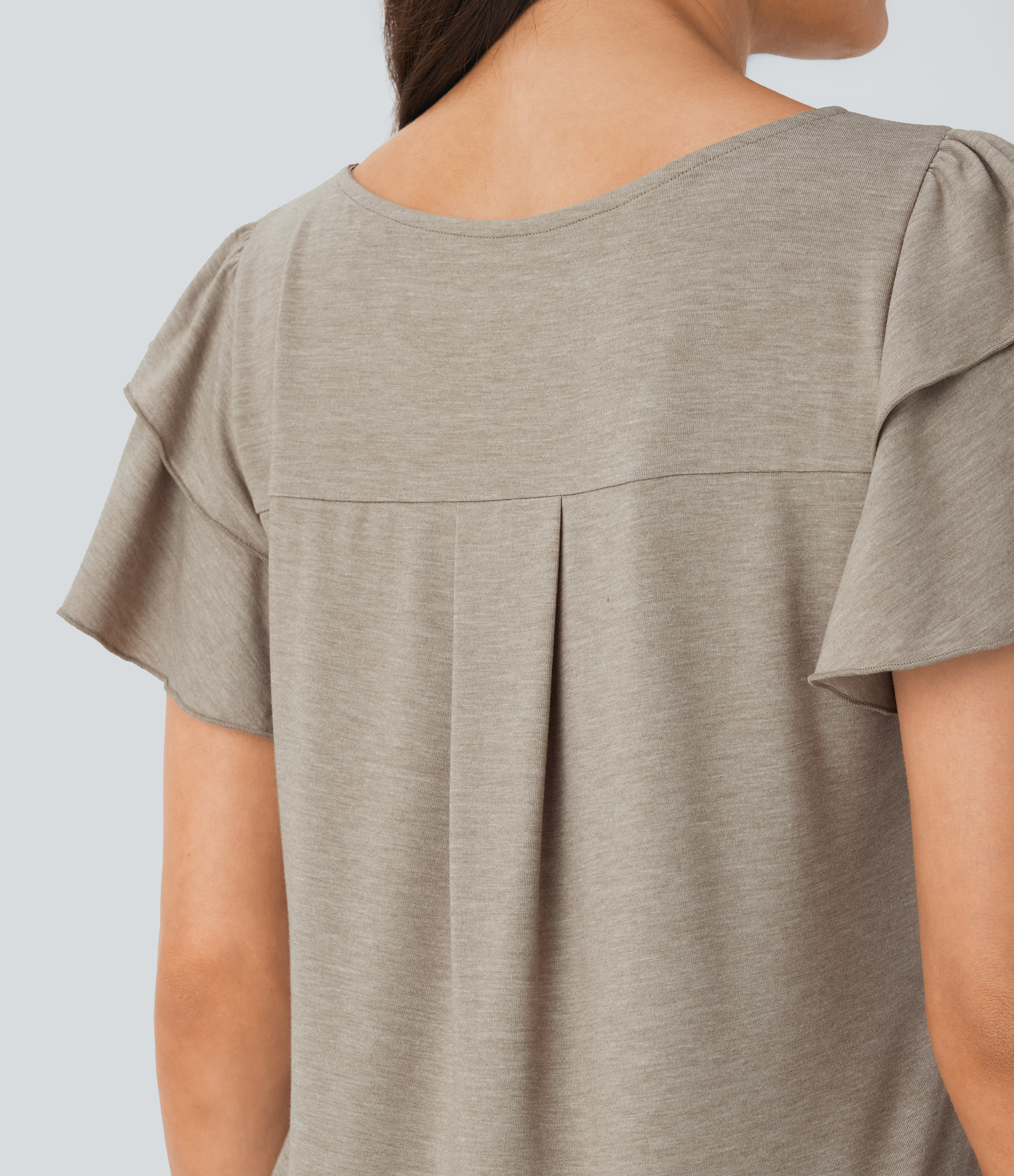 Halara Boat Neck Ruffle Short Sleeve Casual Top Tank Top - Khaki Floral Yarn - XL golf tops halter top tunic tops sleeveless tops 