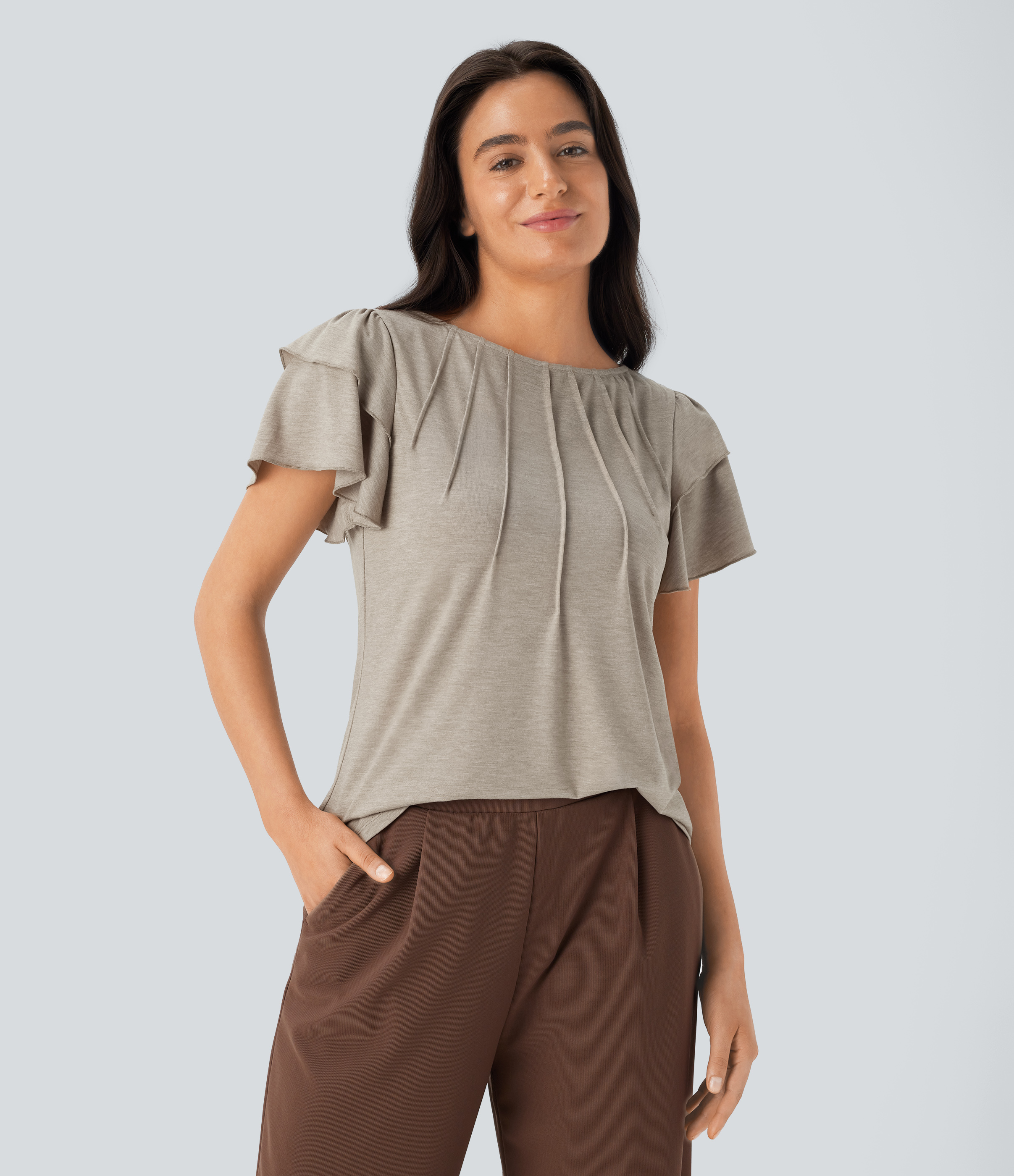 Halara Boat Neck Ruffle Short Sleeve Casual Top Tank Top - Khaki Floral Yarn - XL golf tops halter top tunic tops sleeveless tops 