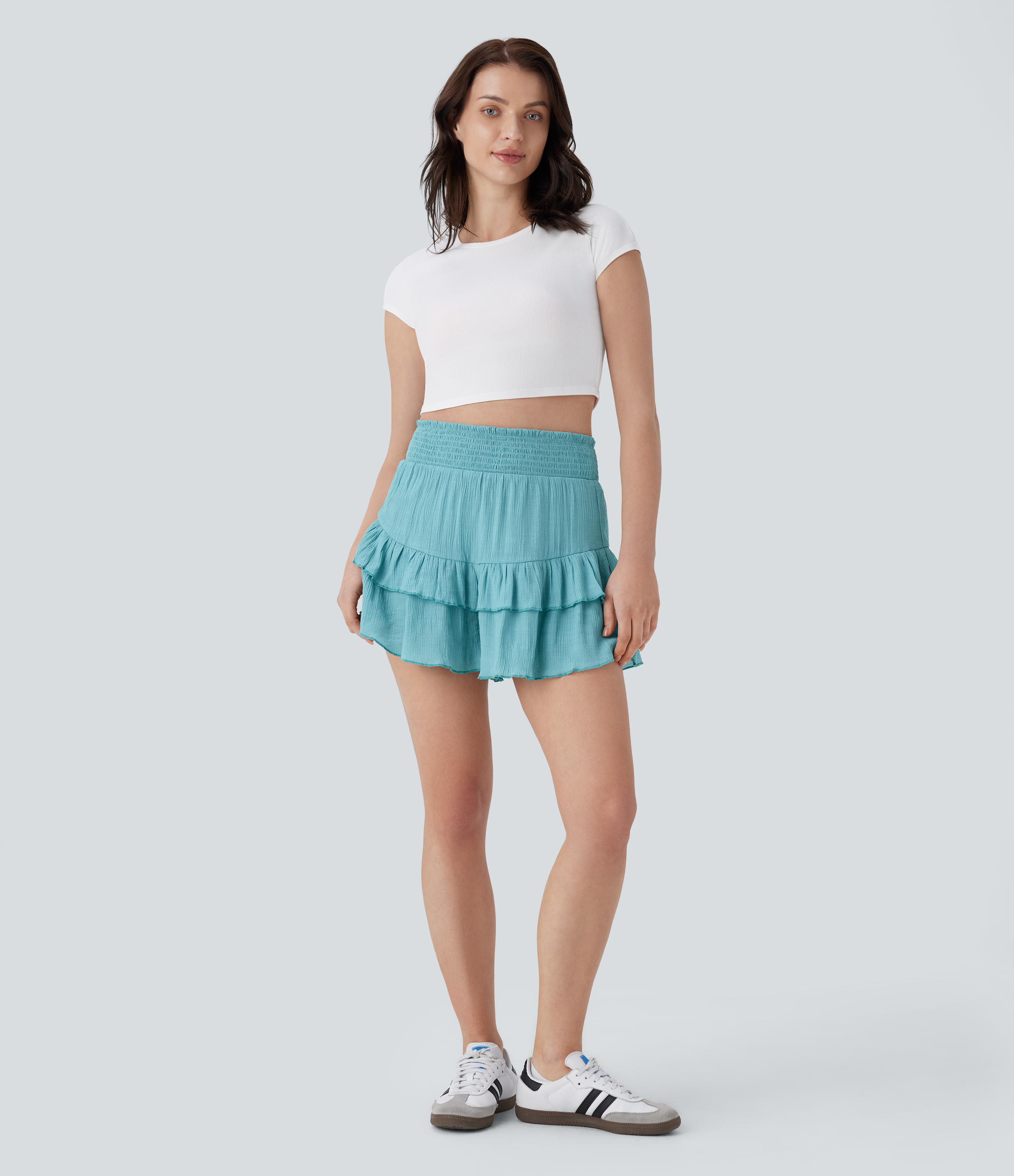 Halara Shirred High Waisted Ruffle Hem Casual Shorts  - Nile Blue - M booty shorts compression shorts yoga shorts 