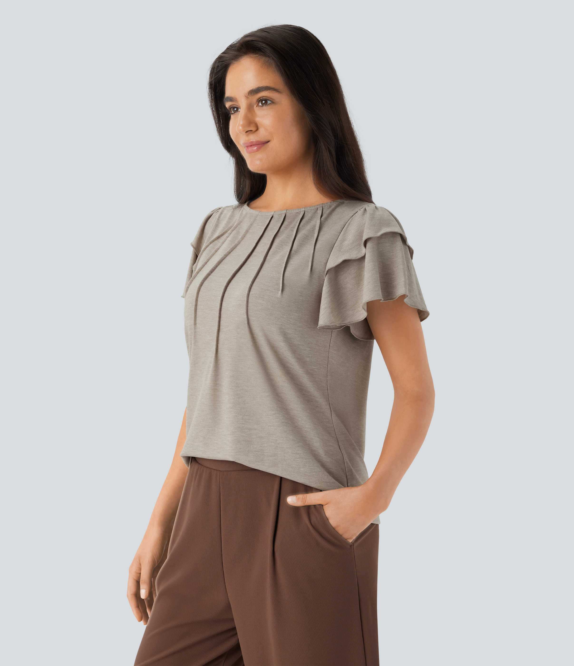 Halara Boat Neck Ruffle Short Sleeve Casual Top Tank Top - Khaki Floral Yarn - XL golf tops halter top tunic tops sleeveless tops 