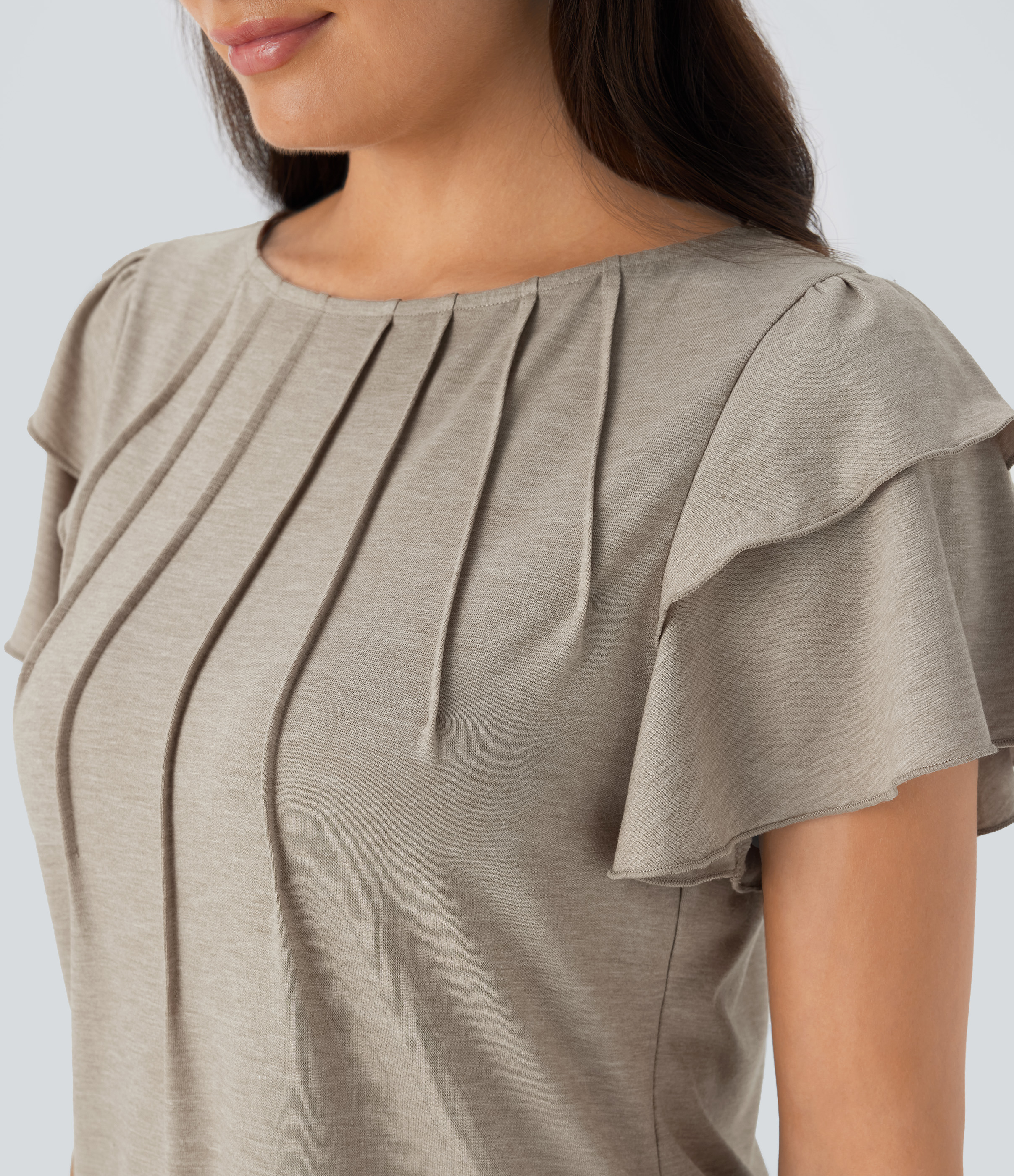 Halara Boat Neck Ruffle Short Sleeve Casual Top Tank Top - Khaki Floral Yarn - XL golf tops halter top tunic tops sleeveless tops 