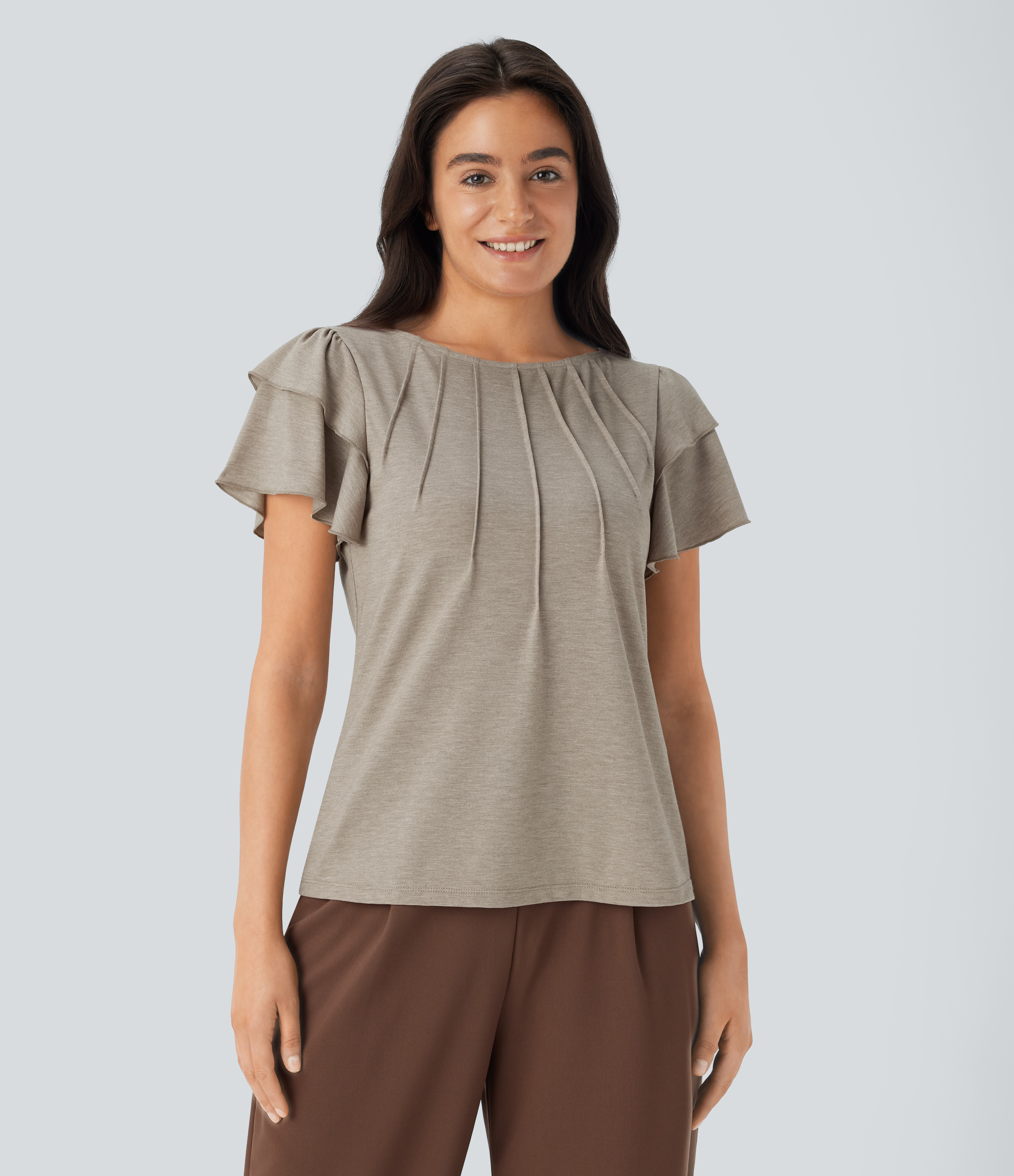 Halara Boat Neck Ruffle Short Sleeve Casual Top Tank Top - Khaki Floral Yarn - XL golf tops halter top tunic tops sleeveless tops 