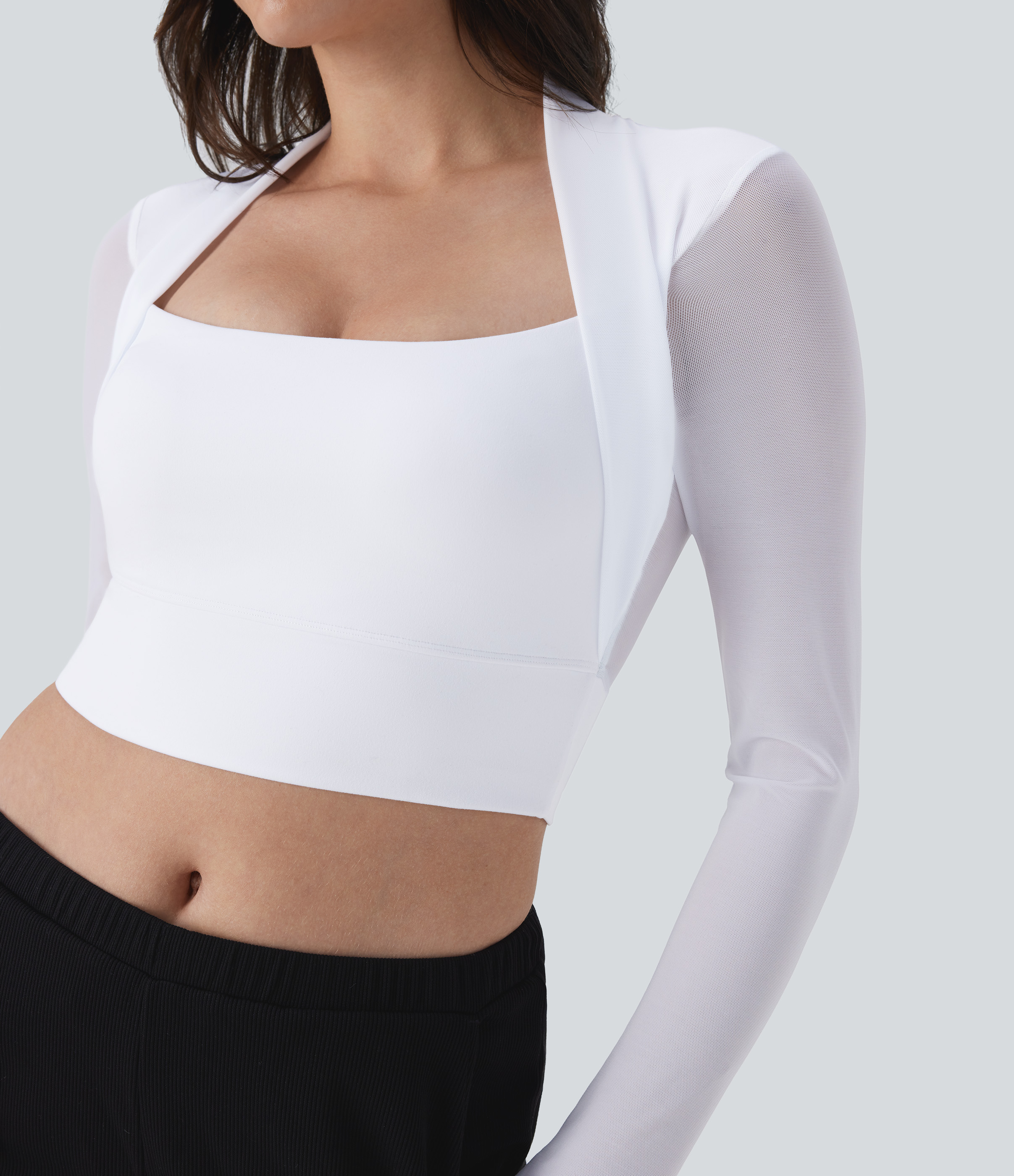 Halara Contrast Mesh Long Sleeve Thumb Hole 2-in-1 Skinny Cropped Casual Top Tank Top - White - L golf tops halter top tunic tops 