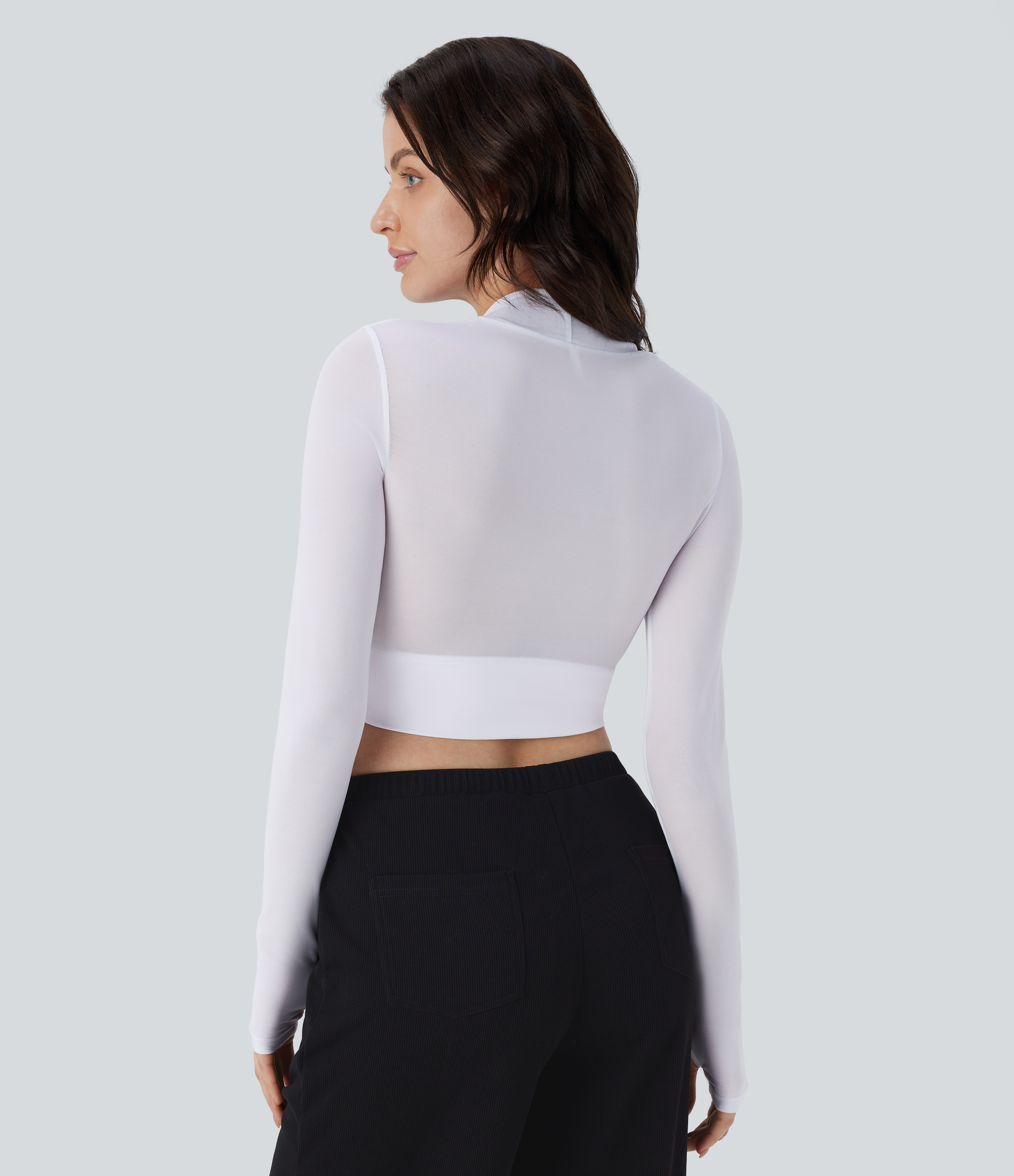 Halara Contrast Mesh Long Sleeve Thumb Hole 2-in-1 Skinny Cropped Casual Top Tank Top - White - L golf tops halter top tunic tops 