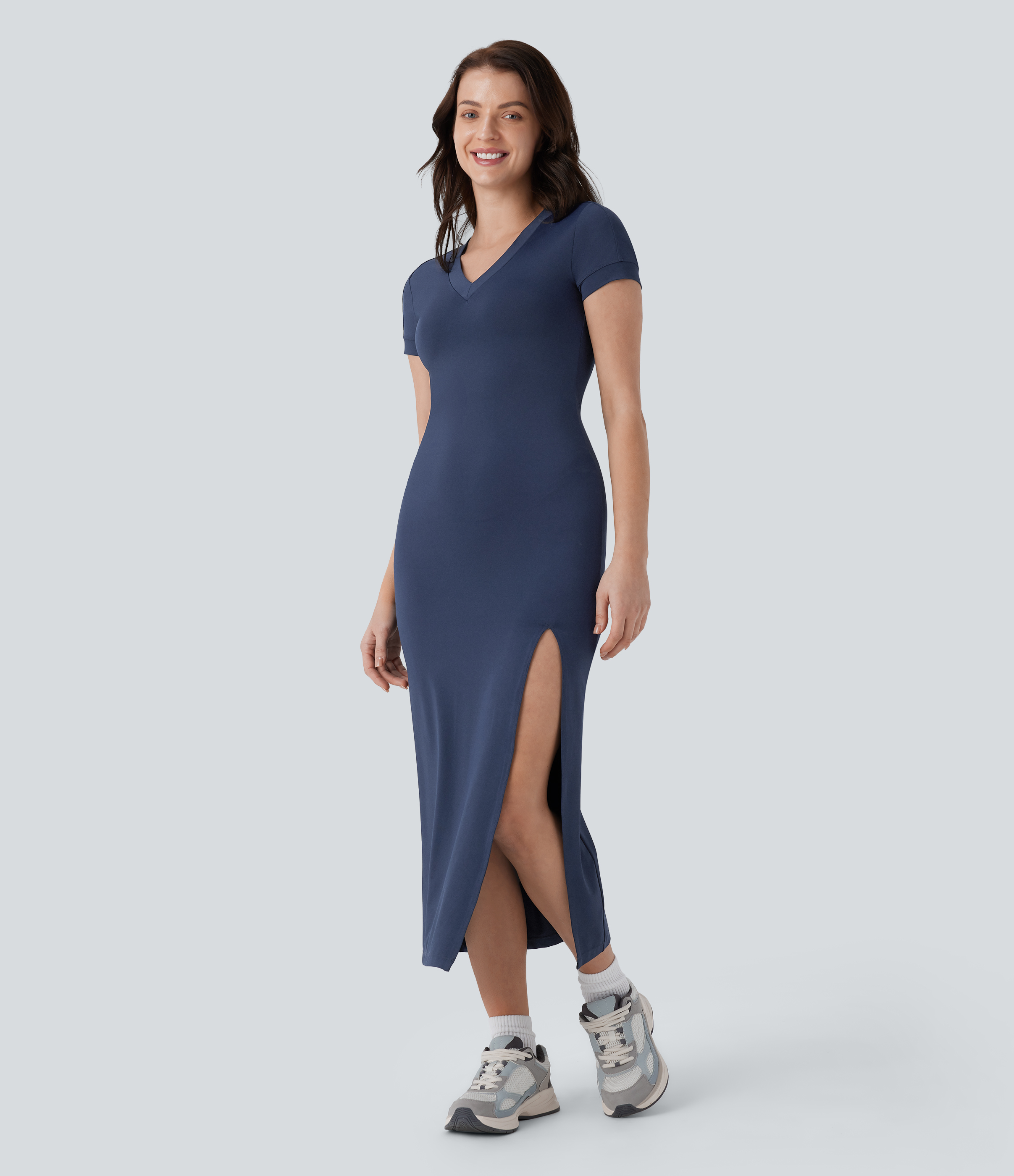 Halara V Neck Short Sleeve Split Midi Slim Casual Tee Dress Casual Dress - Dark Sapphire - XS slip dress beach dress ruched dress 