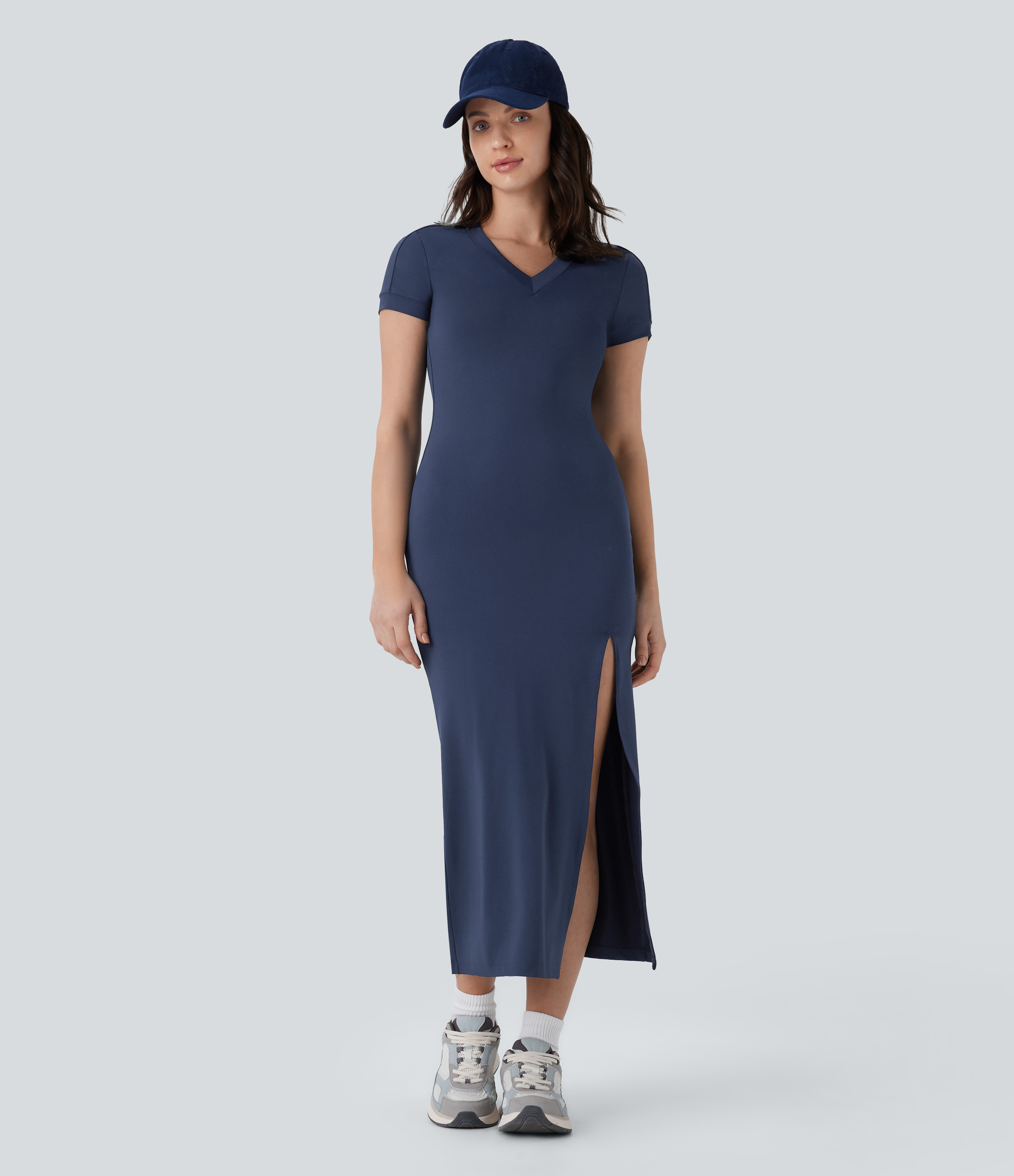 Halara V Neck Short Sleeve Split Midi Slim Casual Tee Dress Casual Dress - Dark Sapphire - XS slip dress beach dress ruched dress 