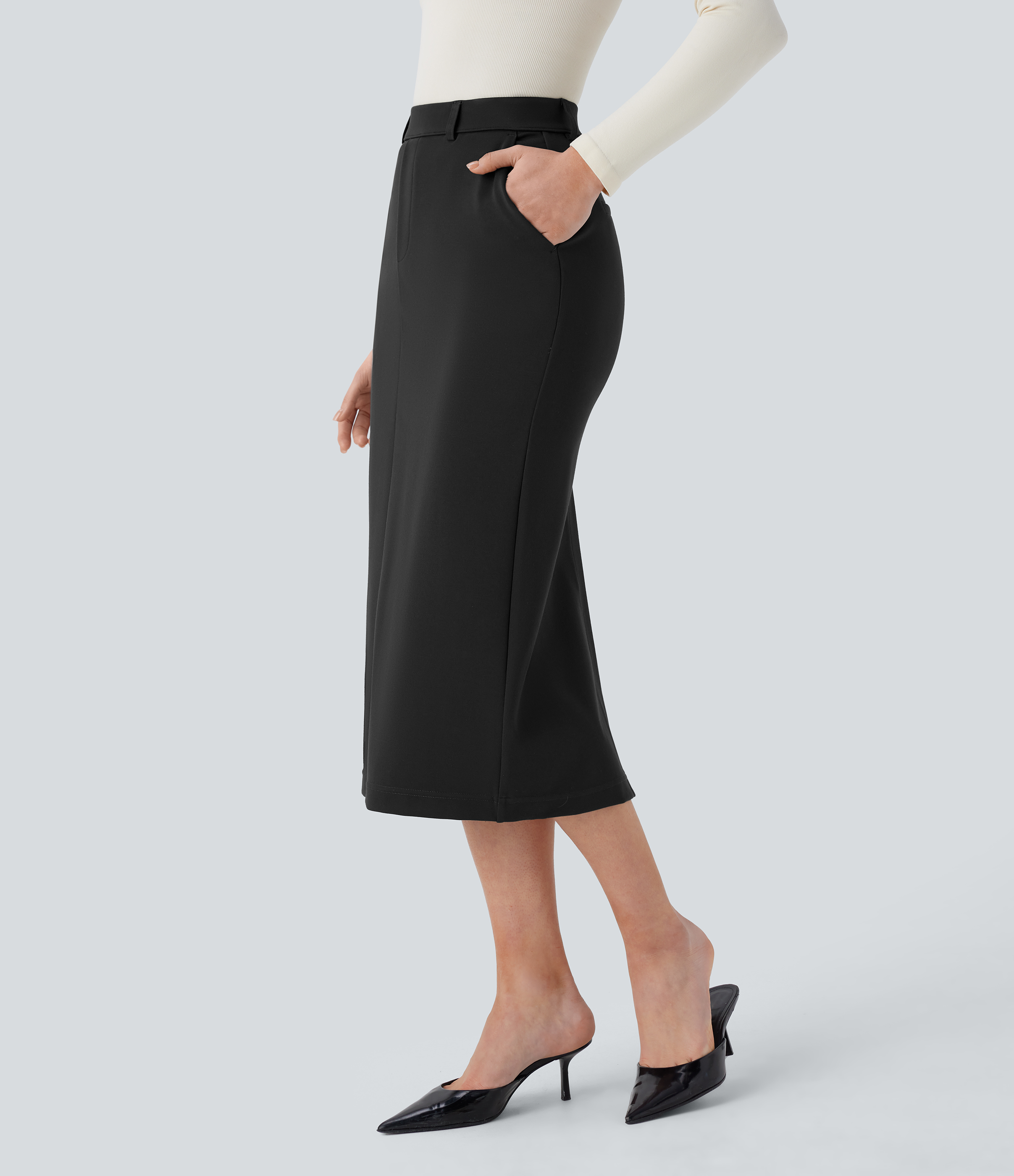 Halara High Waisted Side Pocket Split Straight Midi Work Skirt  - Black - M(regular) 