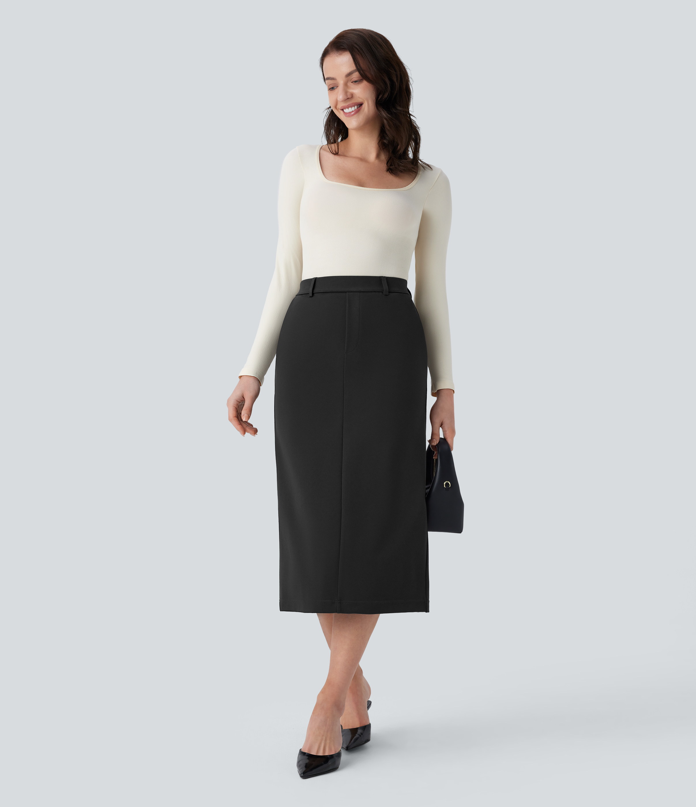 Halara High Waisted Side Pocket Split Straight Midi Work Skirt  - Black - M(regular) 
