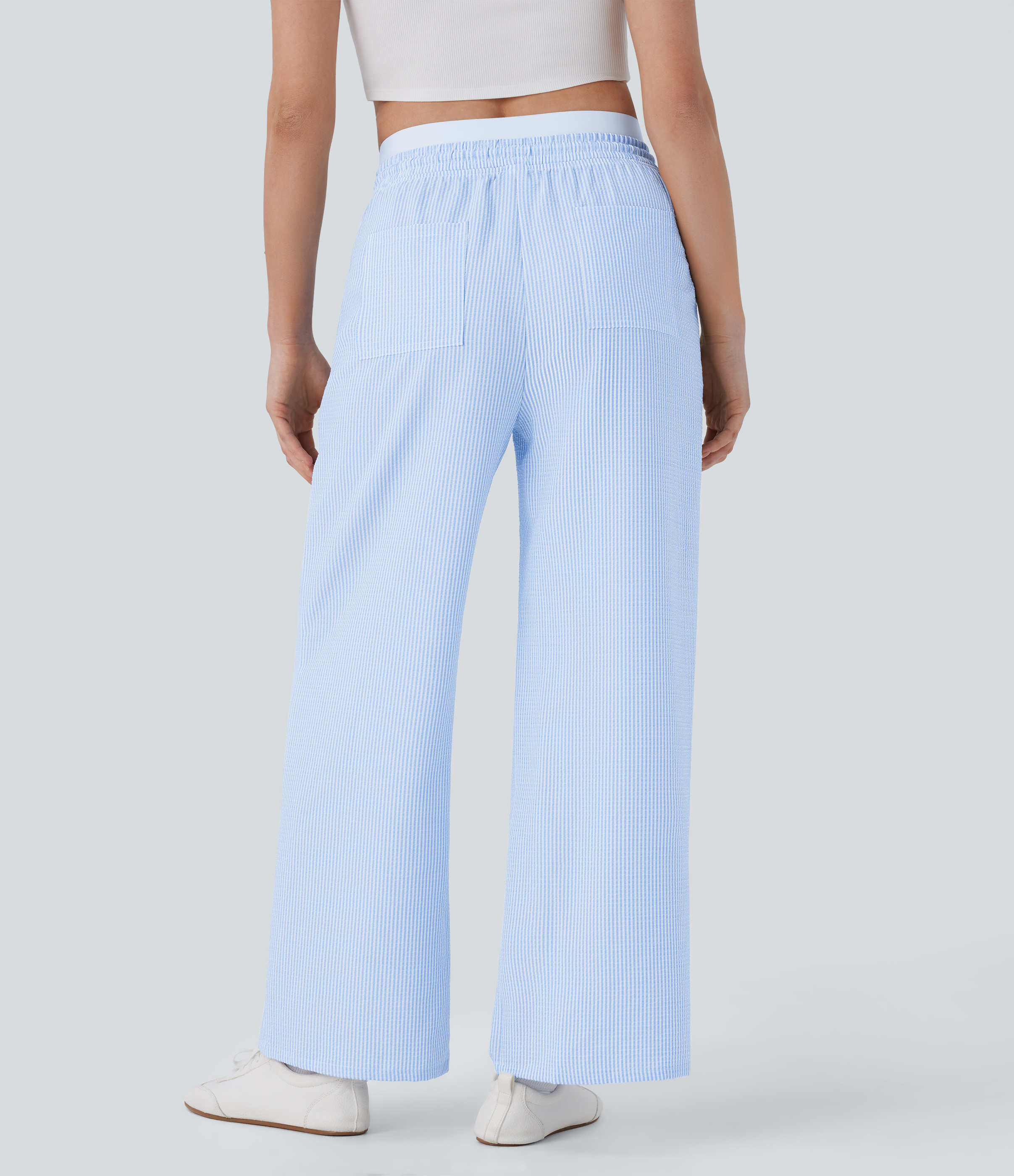 Halara Double-layer Mid Rise Drawstring Multiple Pockets Stripe Straight Leg Casual Pants  - Azure White Stripe - L(regular) sweatpants 