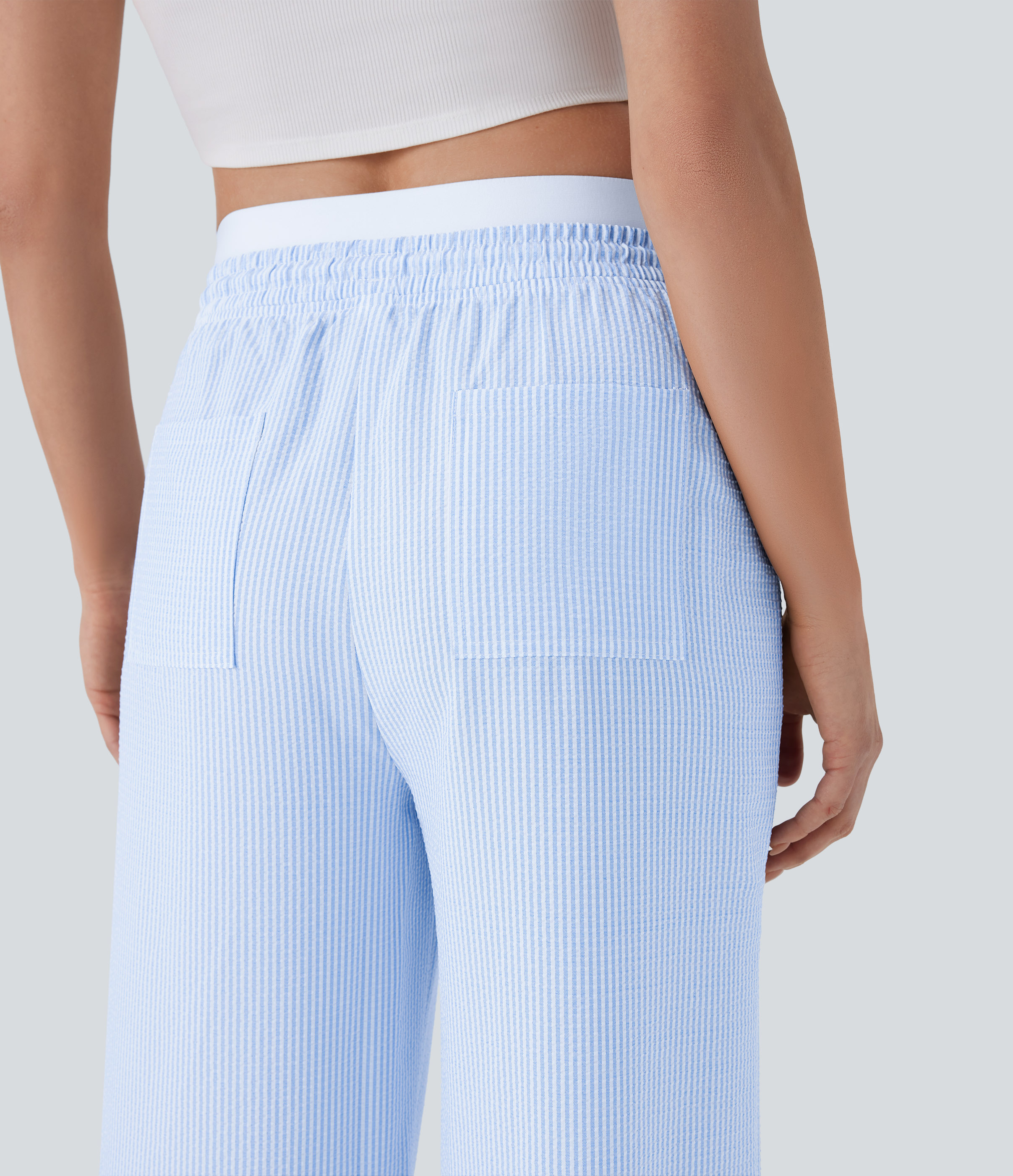 Halara Double-layer Mid Rise Drawstring Multiple Pockets Stripe Straight Leg Casual Pants  - Azure White Stripe - L(regular) sweatpants 