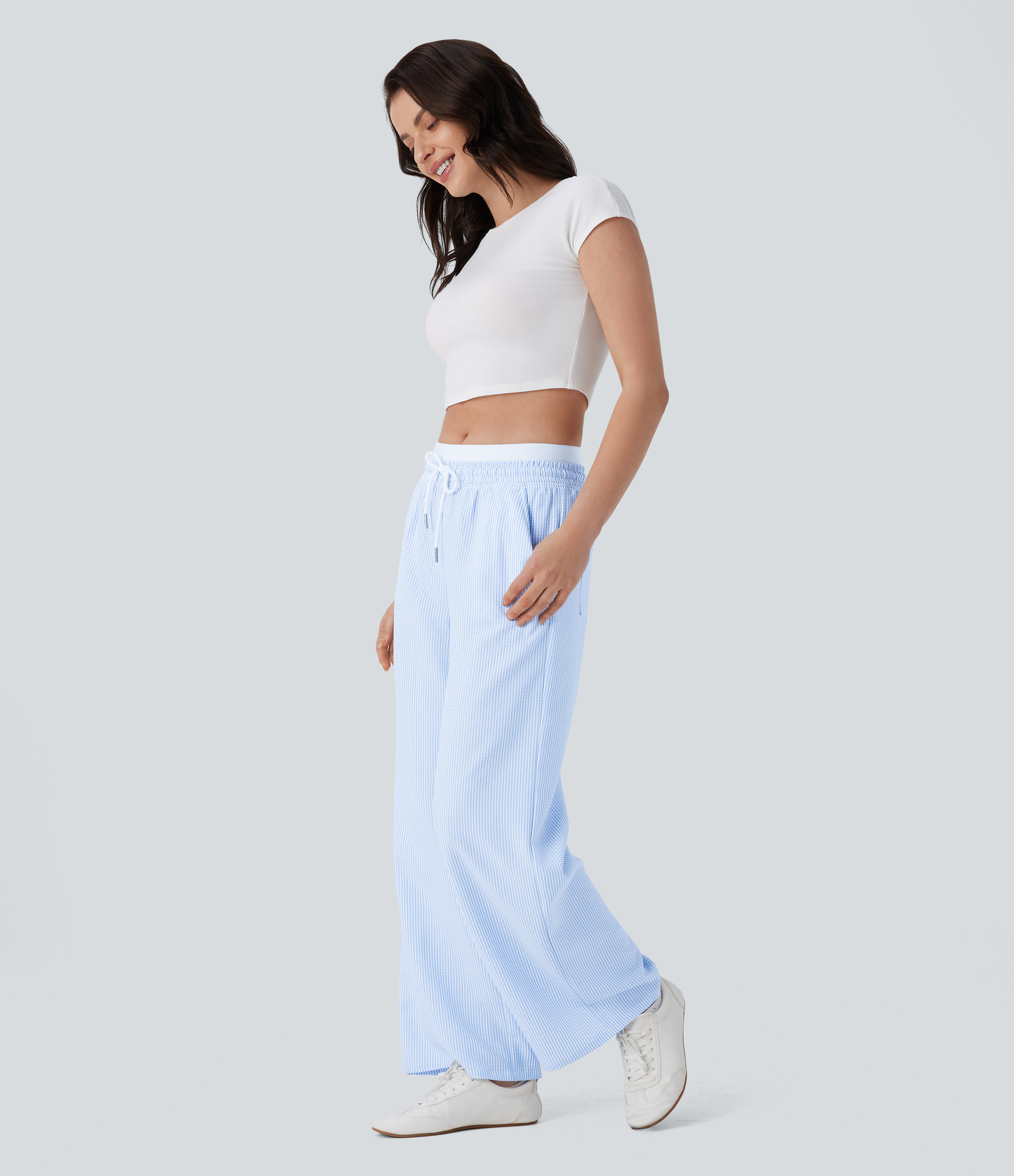Halara Double-layer Mid Rise Drawstring Multiple Pockets Stripe Straight Leg Casual Pants  - Azure White Stripe - L(regular) sweatpants 