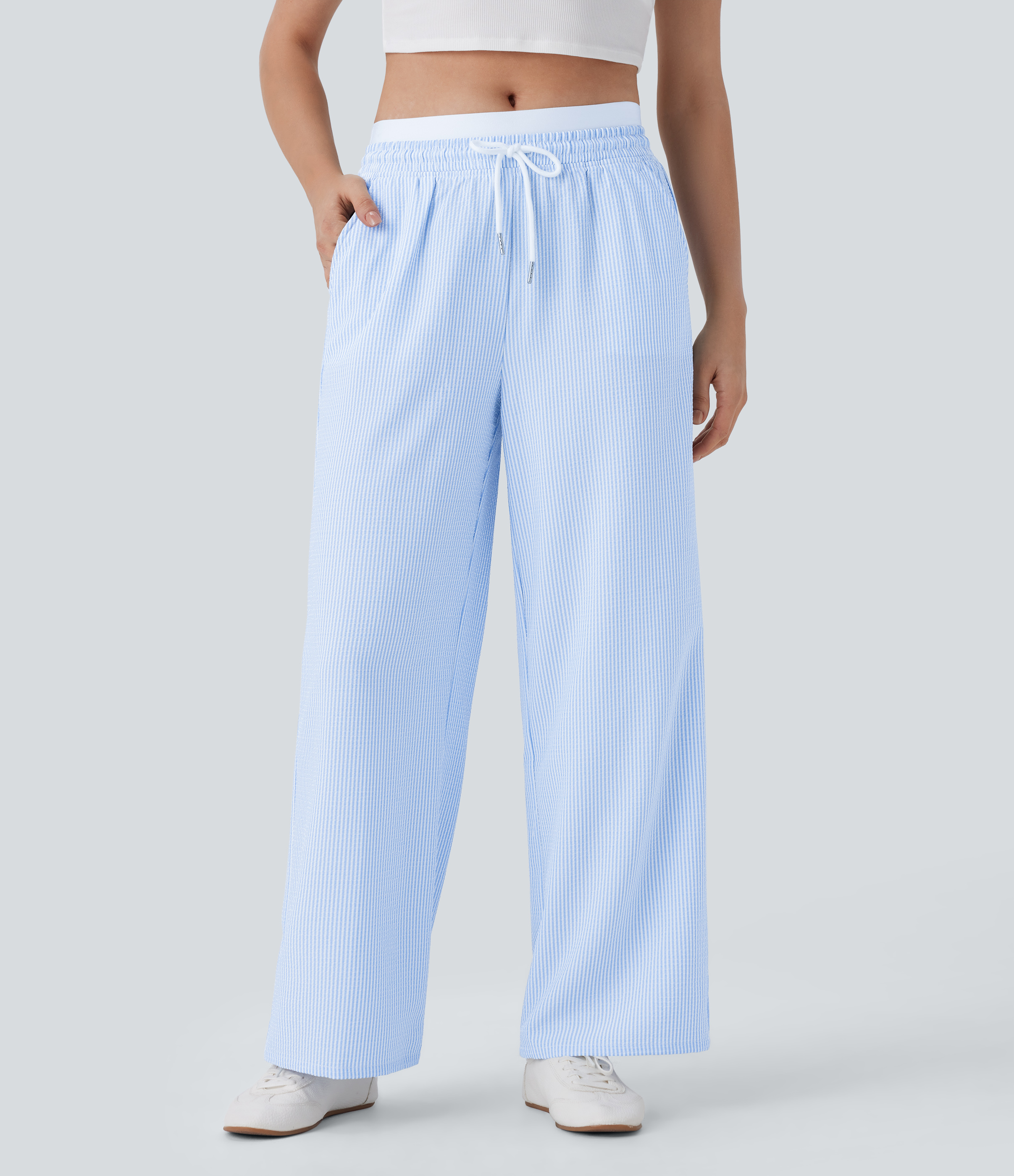 Halara Double-layer Mid Rise Drawstring Multiple Pockets Stripe Straight Leg Casual Pants  - Azure White Stripe - L(regular) sweatpants 