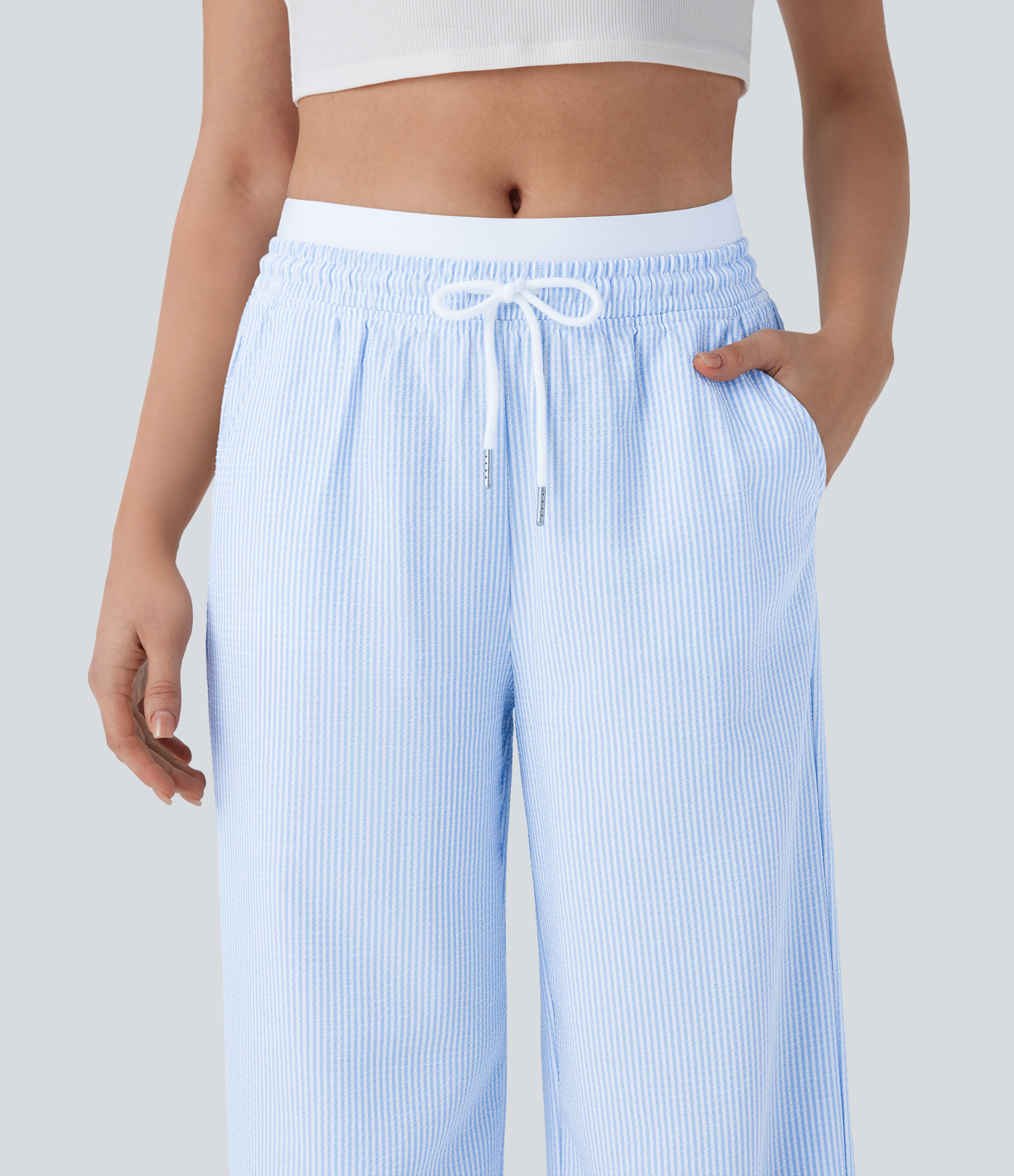 Halara Double-layer Mid Rise Drawstring Multiple Pockets Stripe Straight Leg Casual Pants  - Azure White Stripe - L(regular) sweatpants 