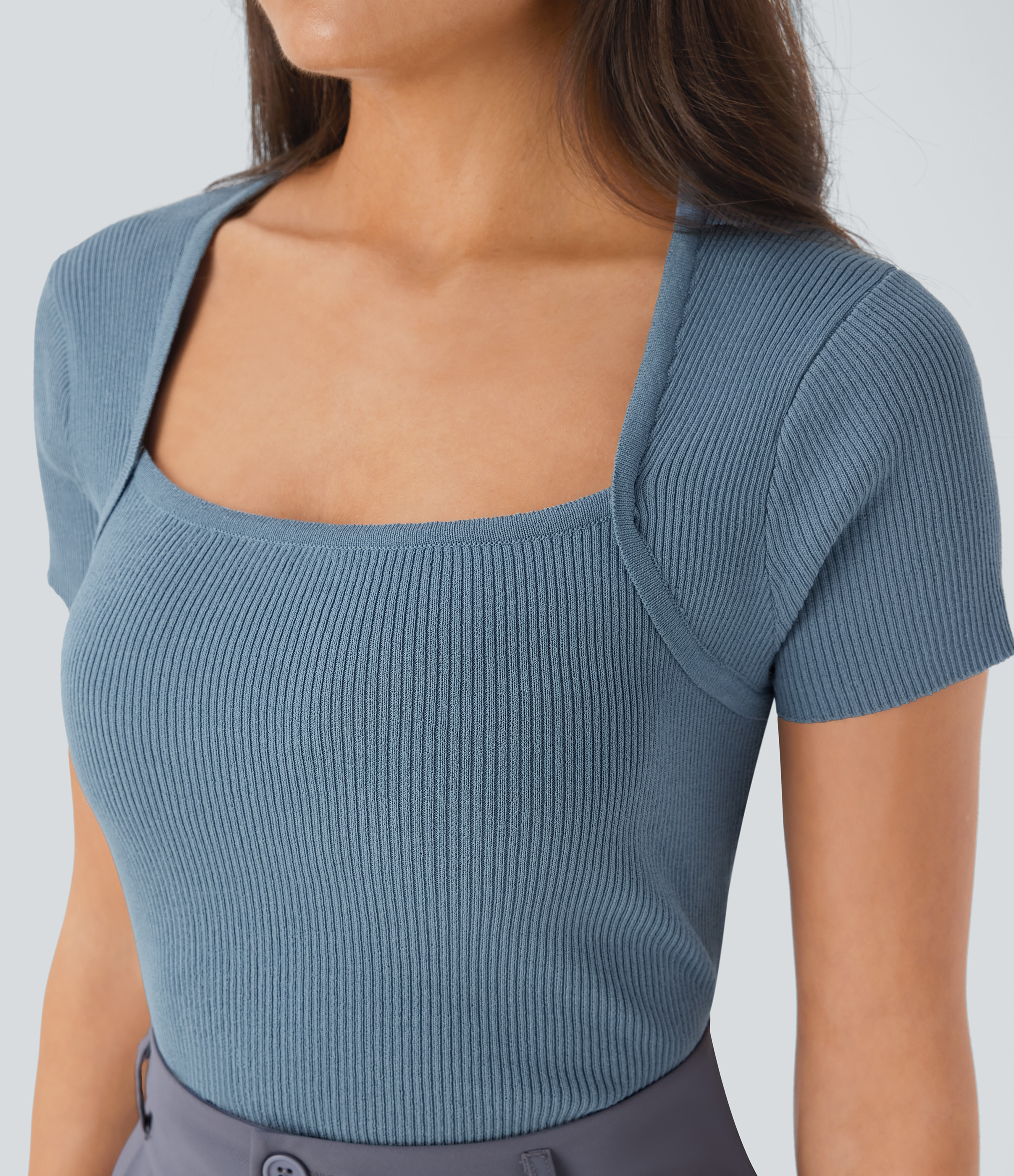 Halara Square Neck Short Sleeve Work Sweater  - Light Blue - M 