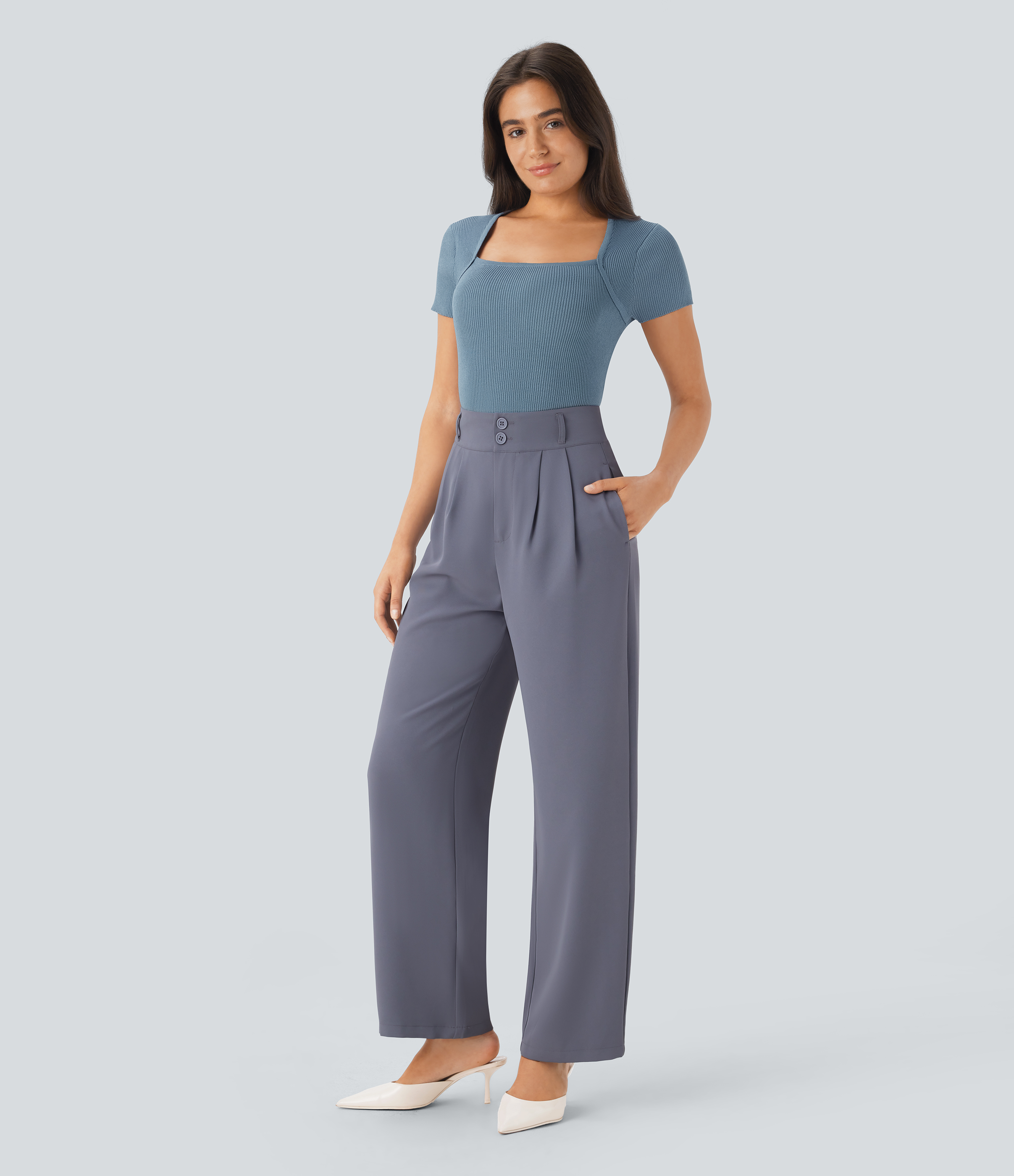 Halara Square Neck Short Sleeve Work Sweater  - Light Blue - M 