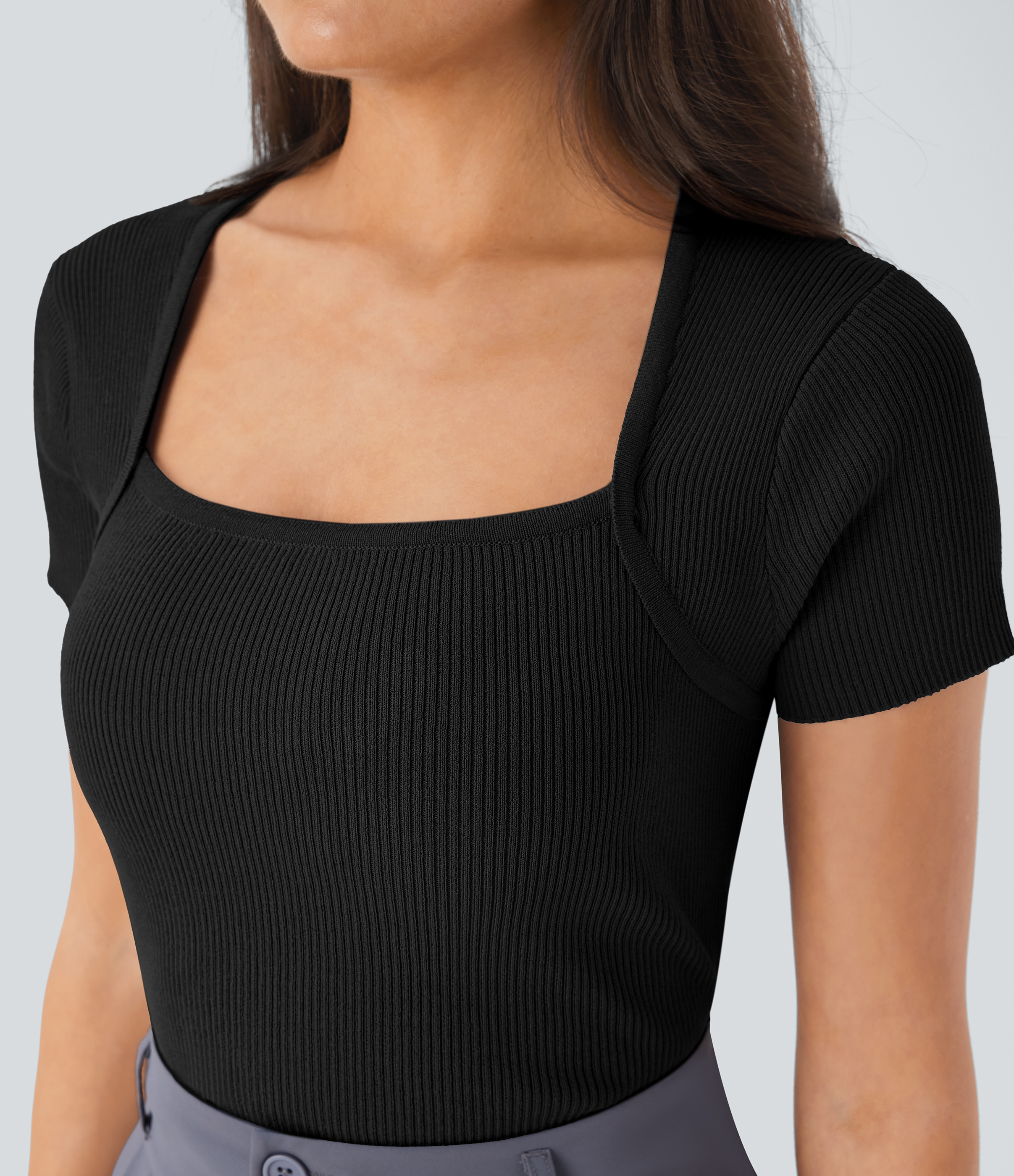 Halara Square Neck Short Sleeve Work Sweater  - Black - M 