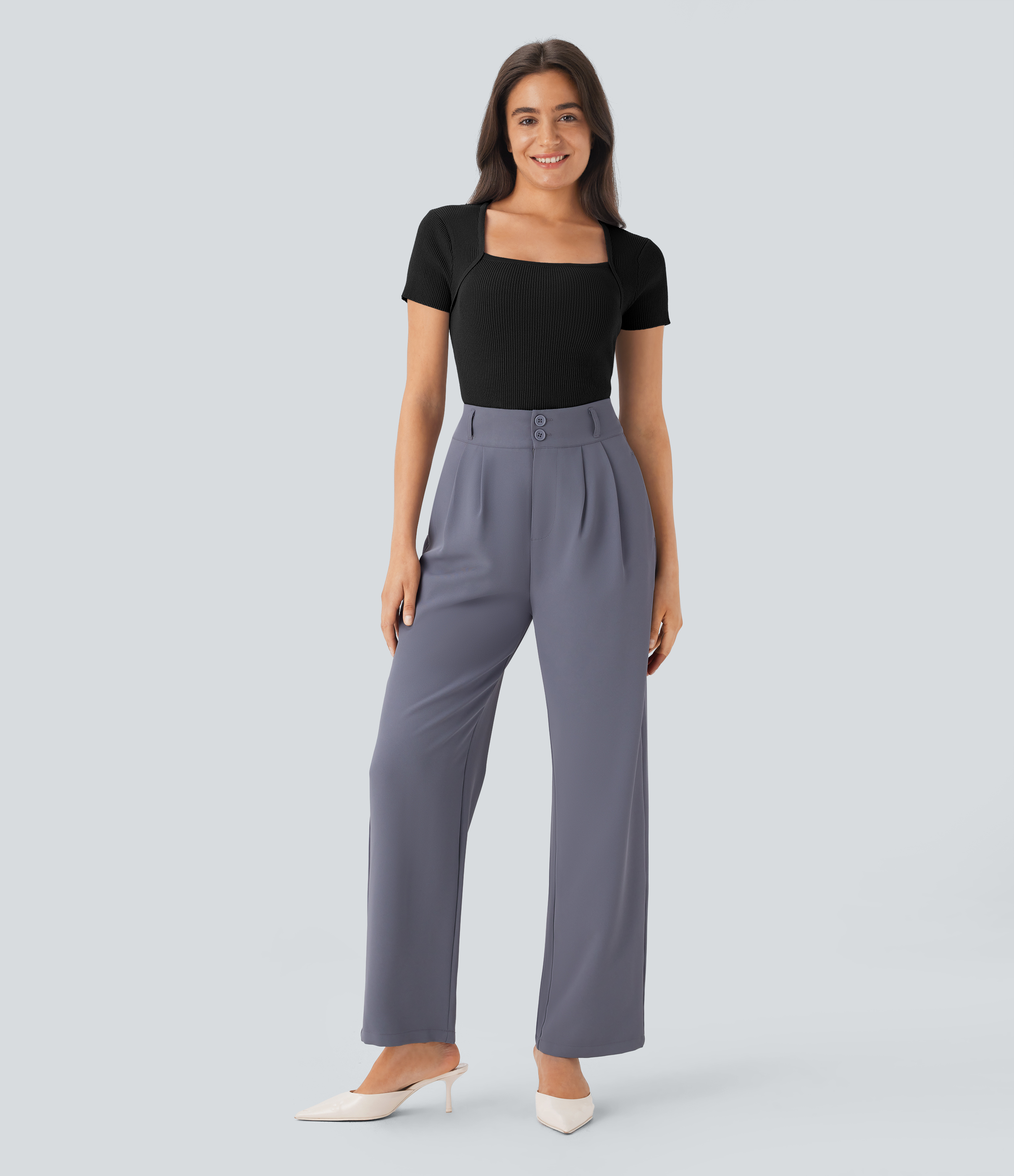 Halara Square Neck Short Sleeve Work Sweater  - Black - M 