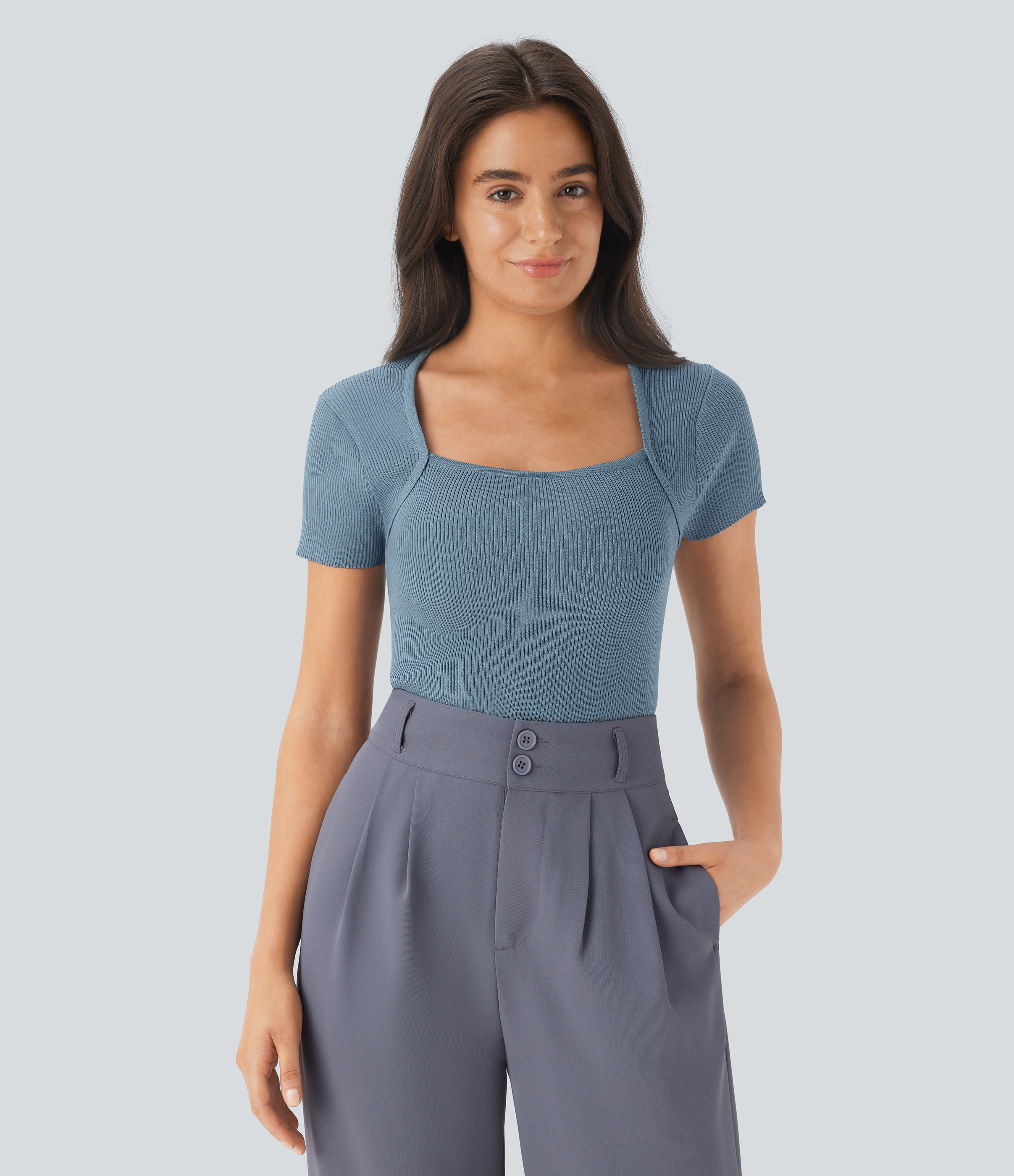 Halara Square Neck Short Sleeve Work Sweater  - Light Blue - M 