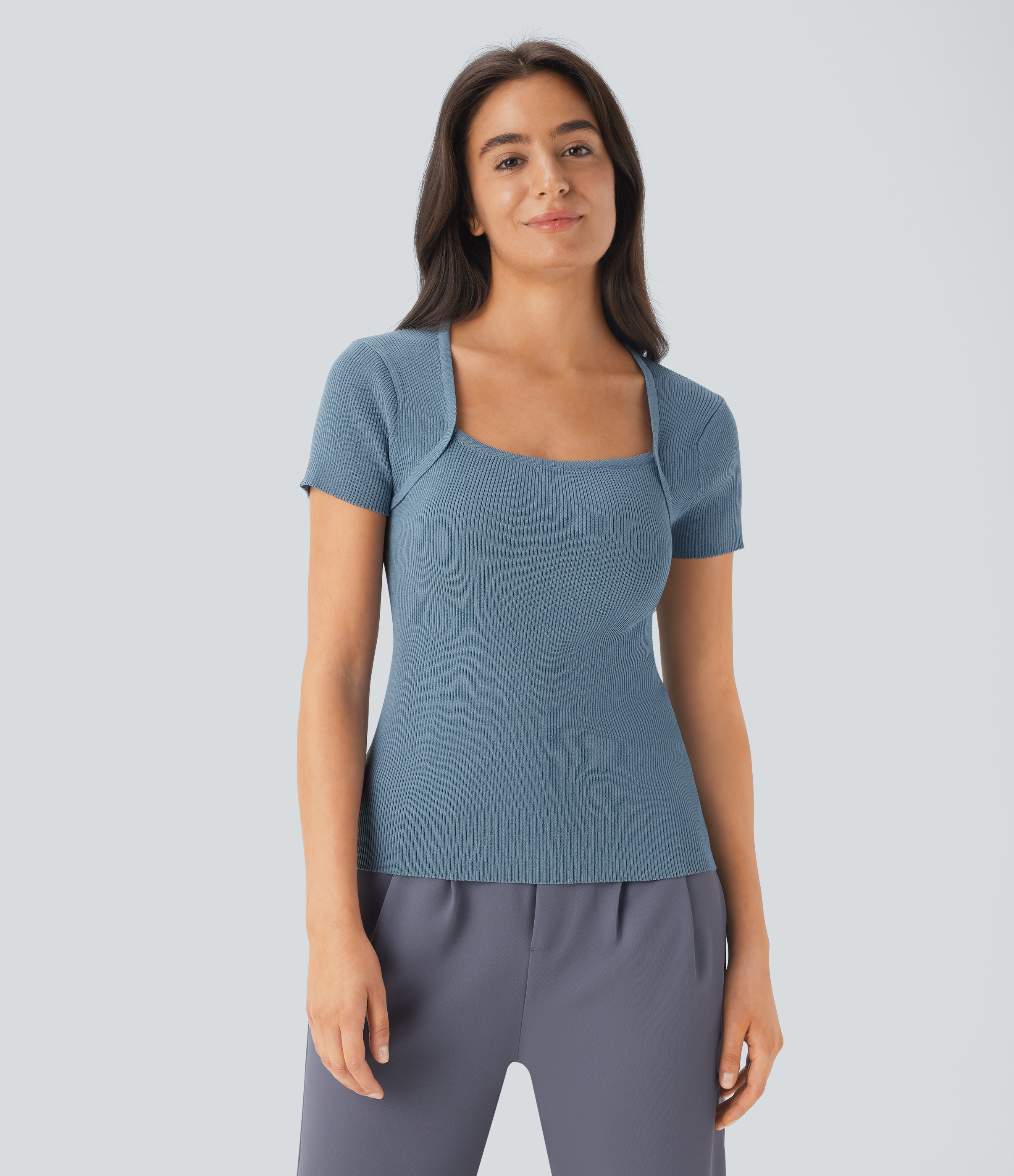Halara Square Neck Short Sleeve Work Sweater  - Light Blue - M 