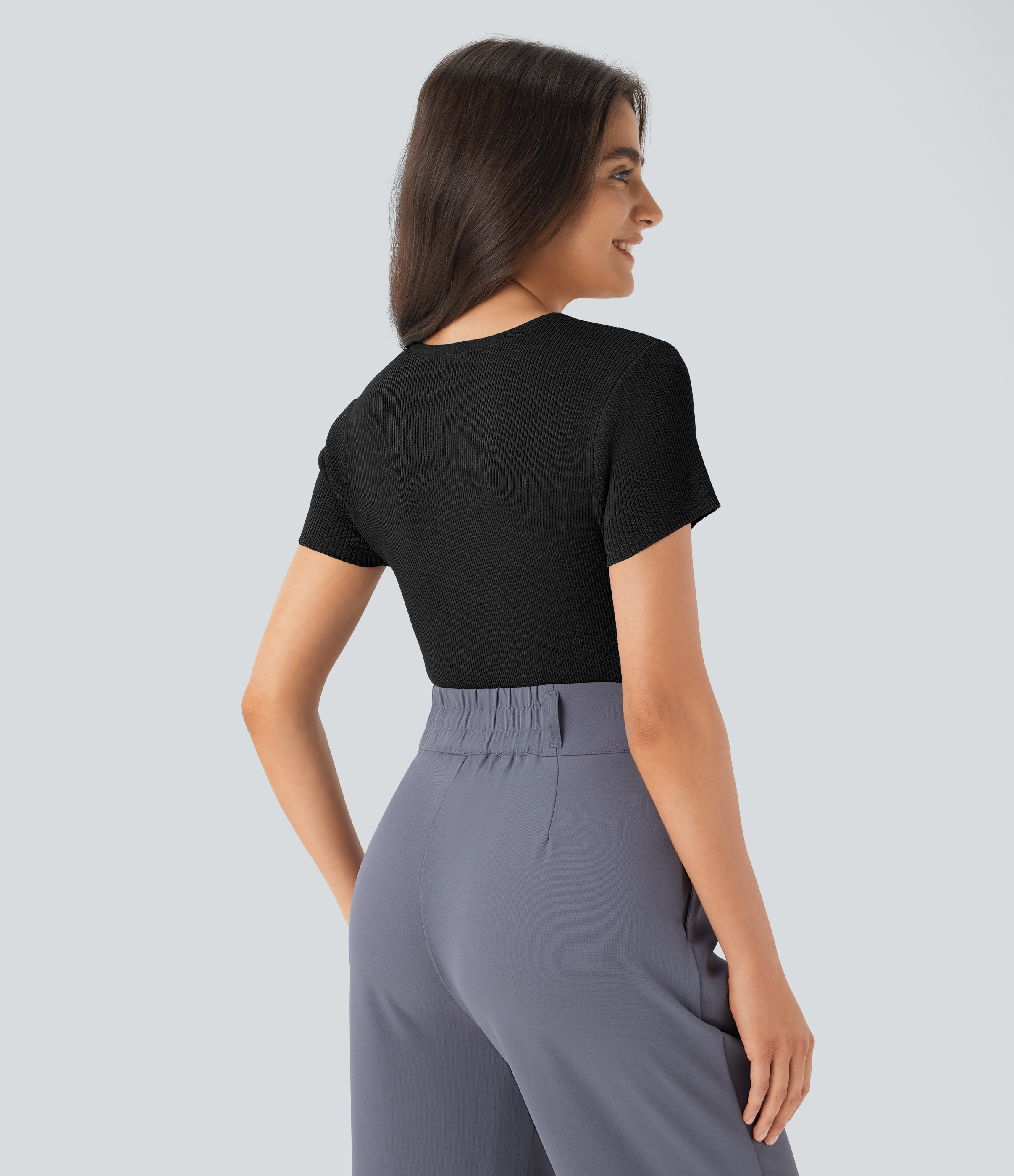 Halara Square Neck Short Sleeve Work Sweater  - Black - M 
