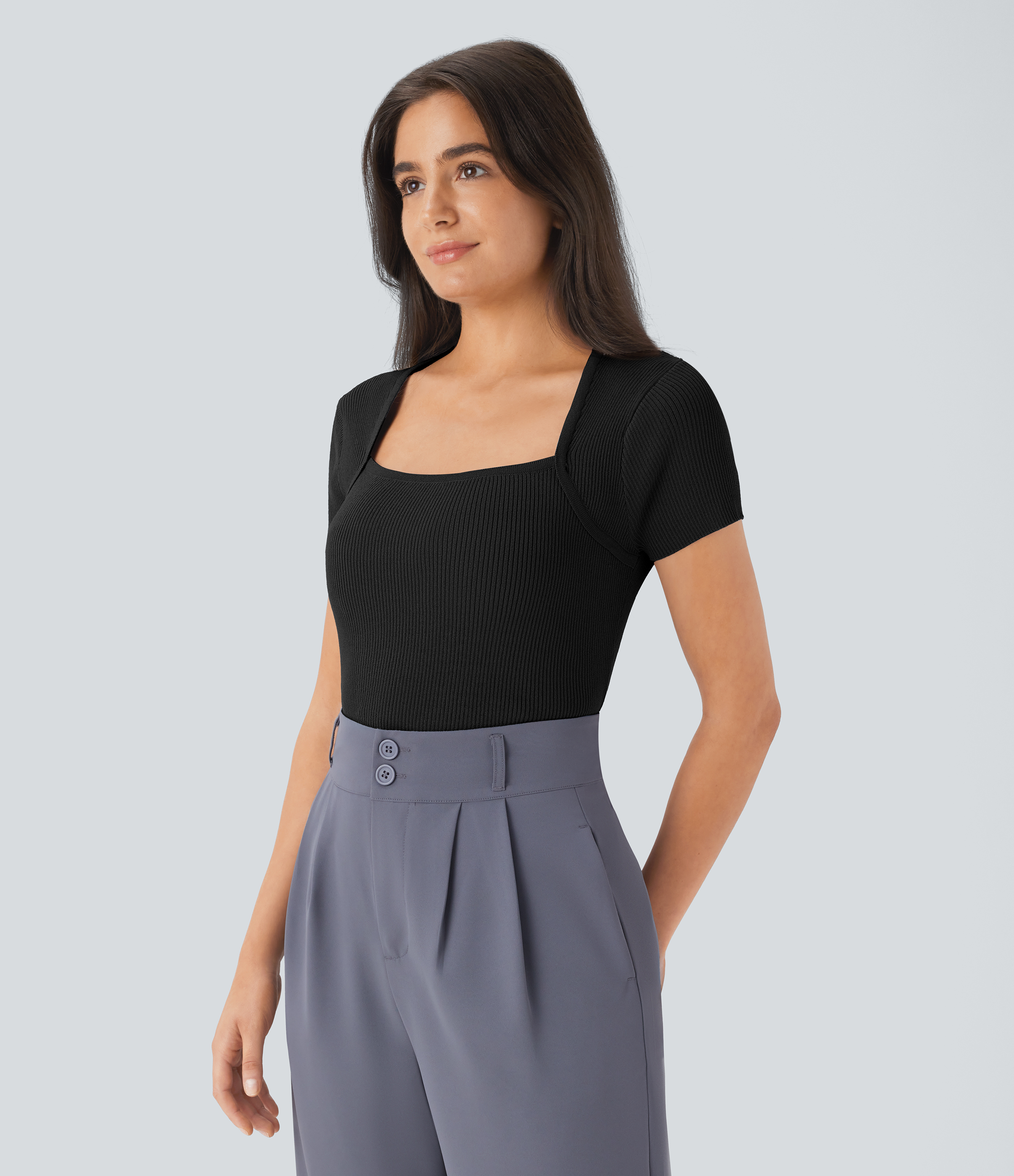 Halara Square Neck Short Sleeve Work Sweater  - Black - M 