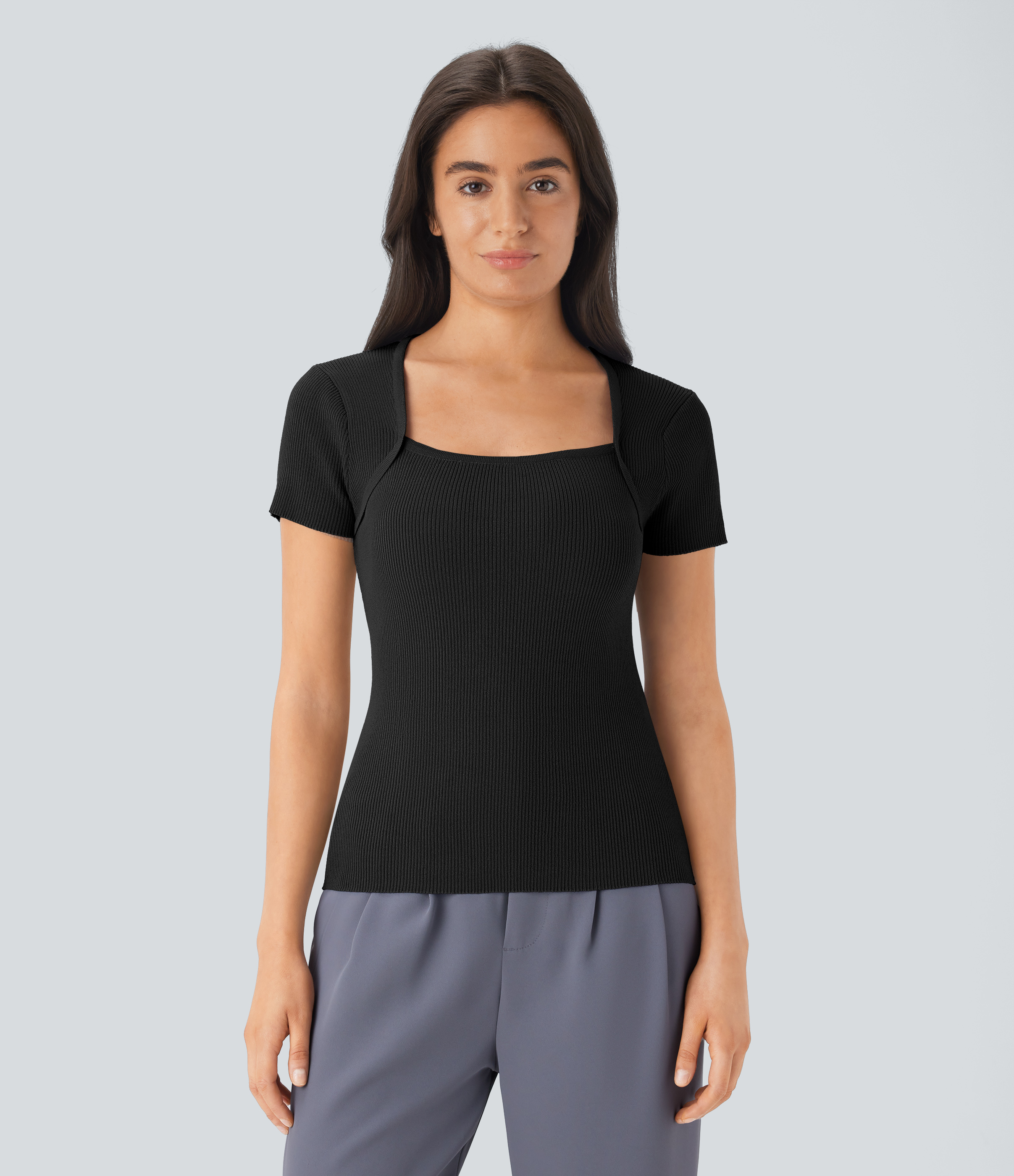 Halara Square Neck Short Sleeve Work Sweater  - Black - M 