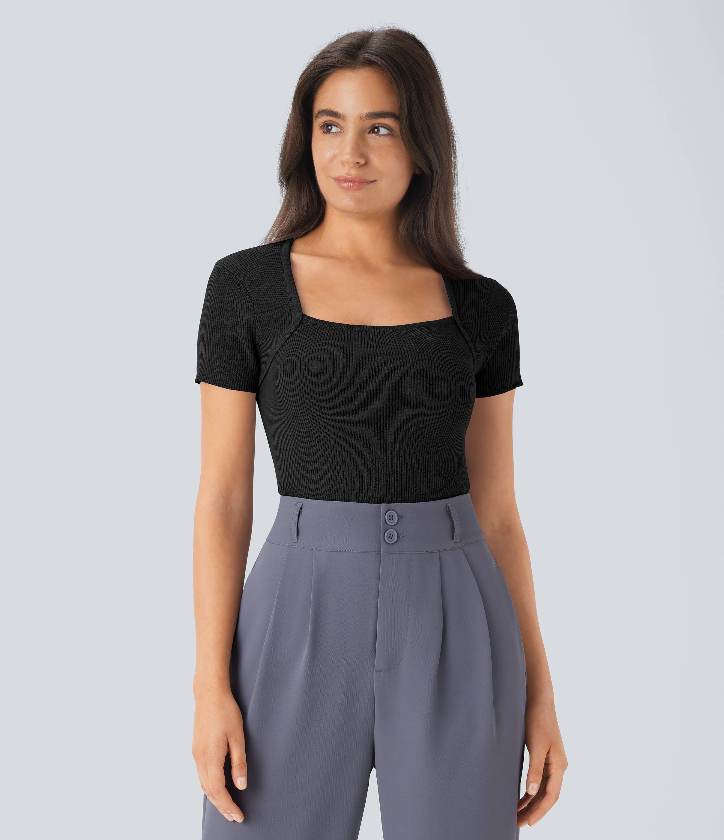 Halara Square Neck Short Sleeve Work Sweater  - Black - M 
