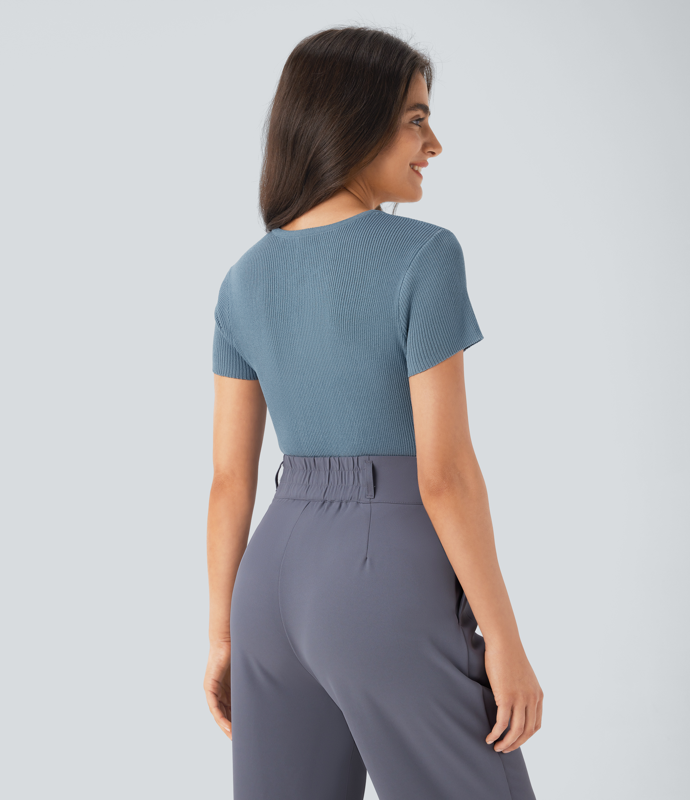 Halara Square Neck Short Sleeve Work Sweater  - Light Blue - M 