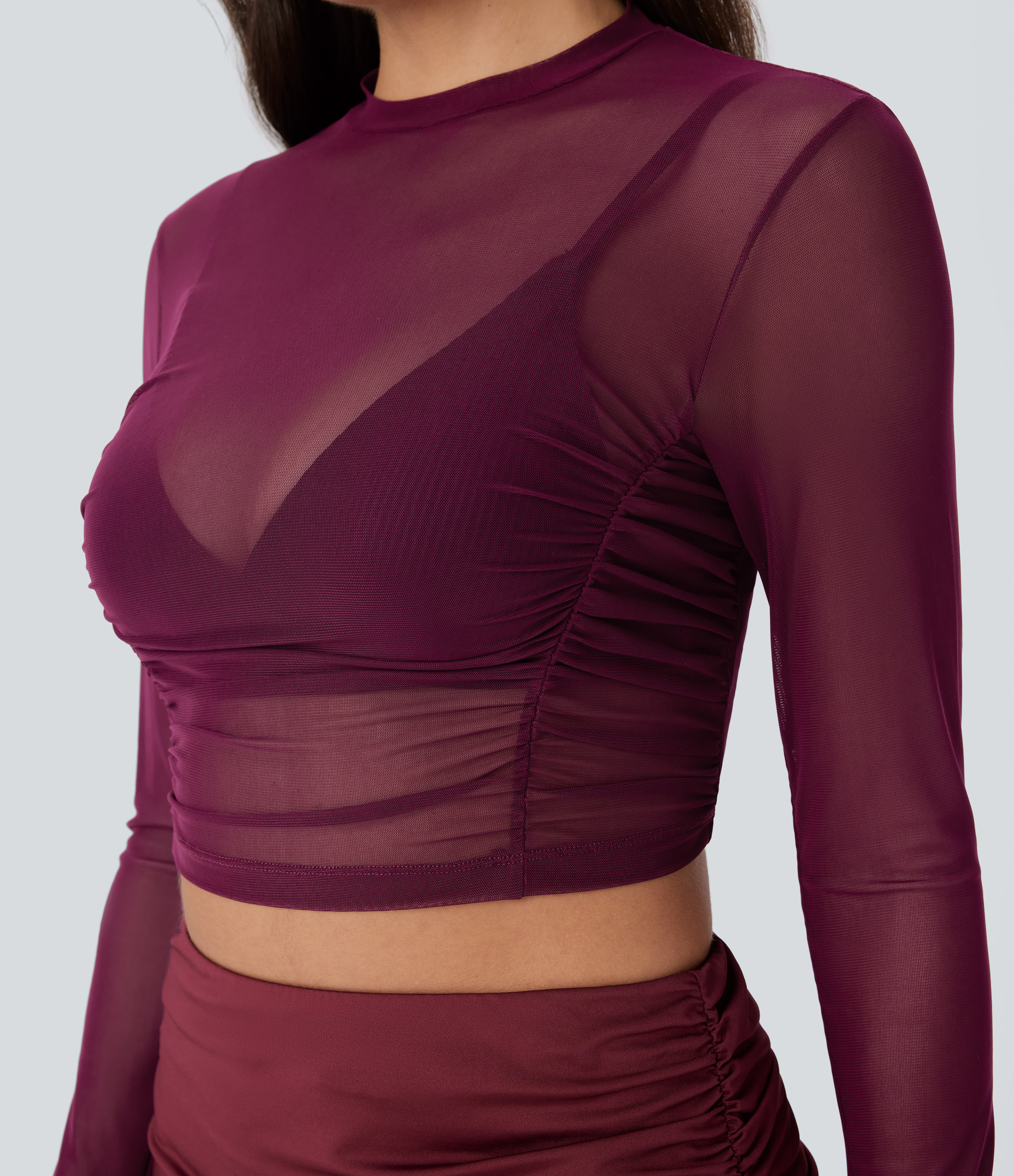 Halara Sheer Mesh Long Sleeve Thumb Hole Ruched Skinny Cropped Party Top Tank Top - Beaujolais - S golf tops halter top tunic tops 