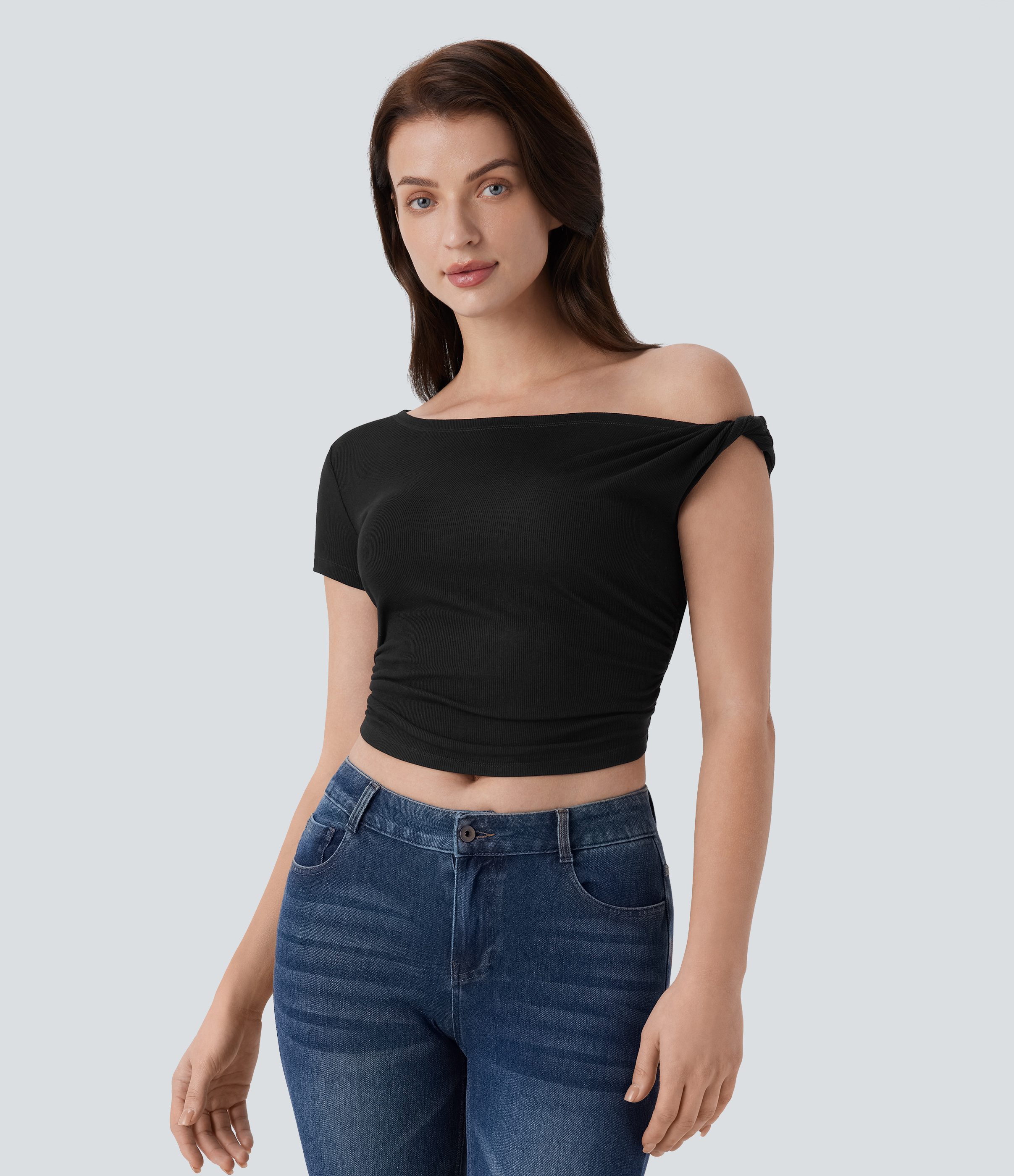 Halara Ribbed Off Shoulder Ruched Cropped Casual Top Tank Top - Black - S golf tops halter top tunic tops sleeveless tops backless top 