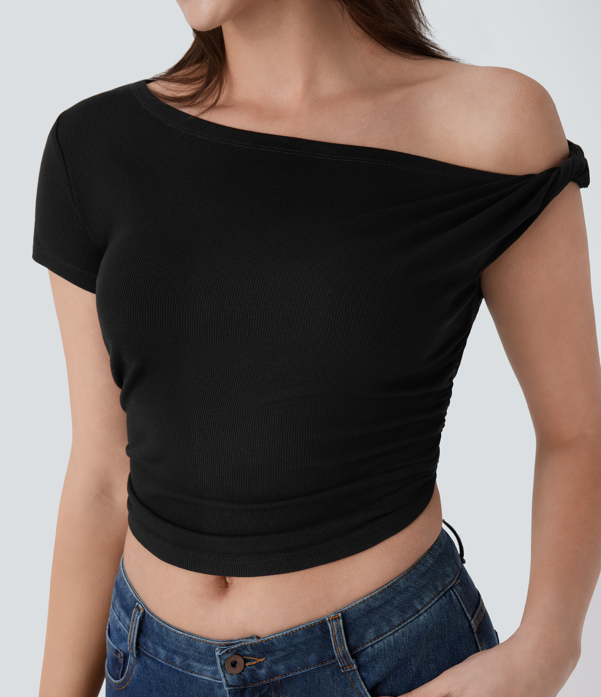 Halara Ribbed Off Shoulder Ruched Cropped Casual Top Tank Top - Black - S golf tops halter top tunic tops sleeveless tops backless top 