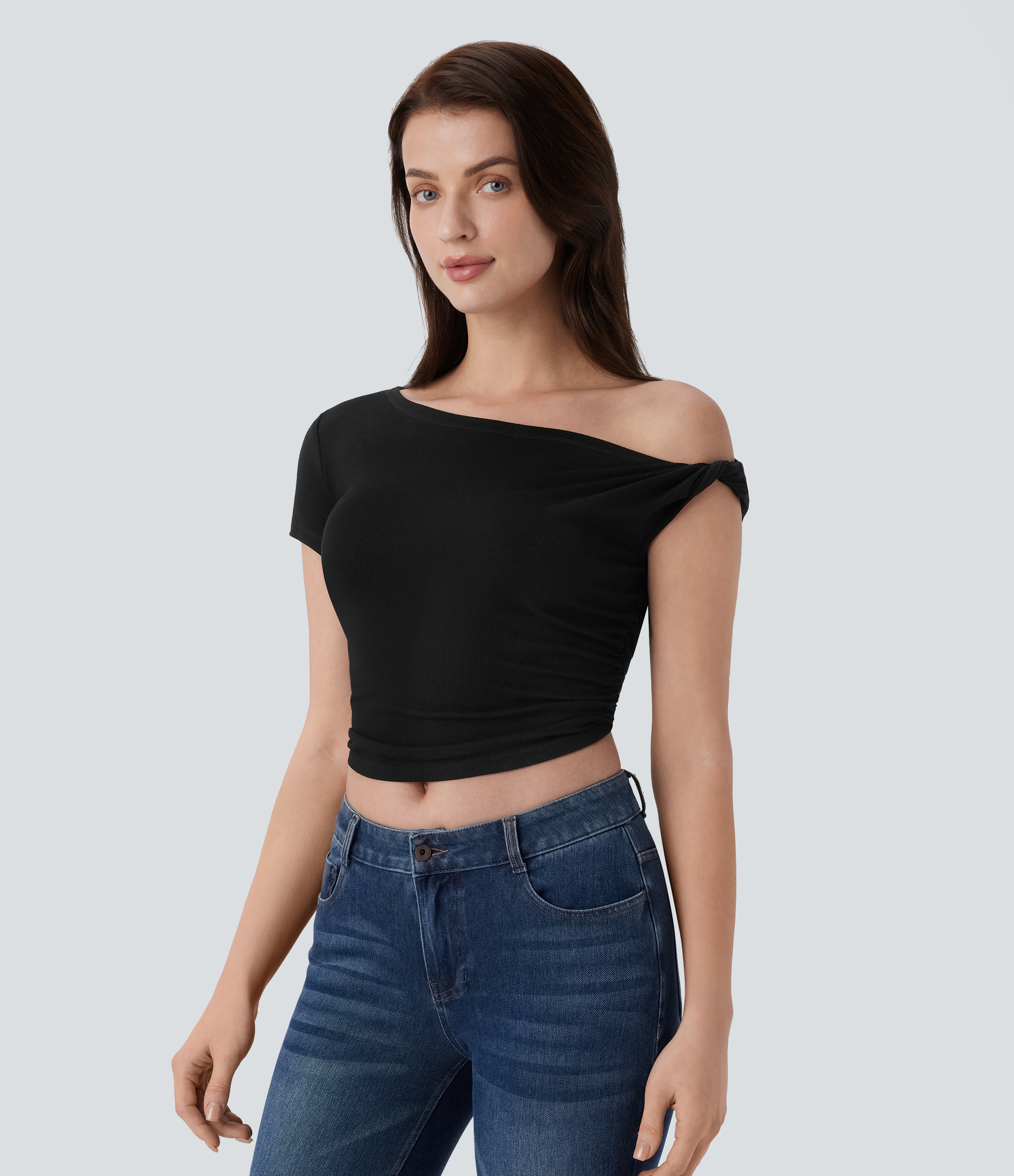Halara Ribbed Off Shoulder Ruched Cropped Casual Top Tank Top - Black - S golf tops halter top tunic tops sleeveless tops backless top 