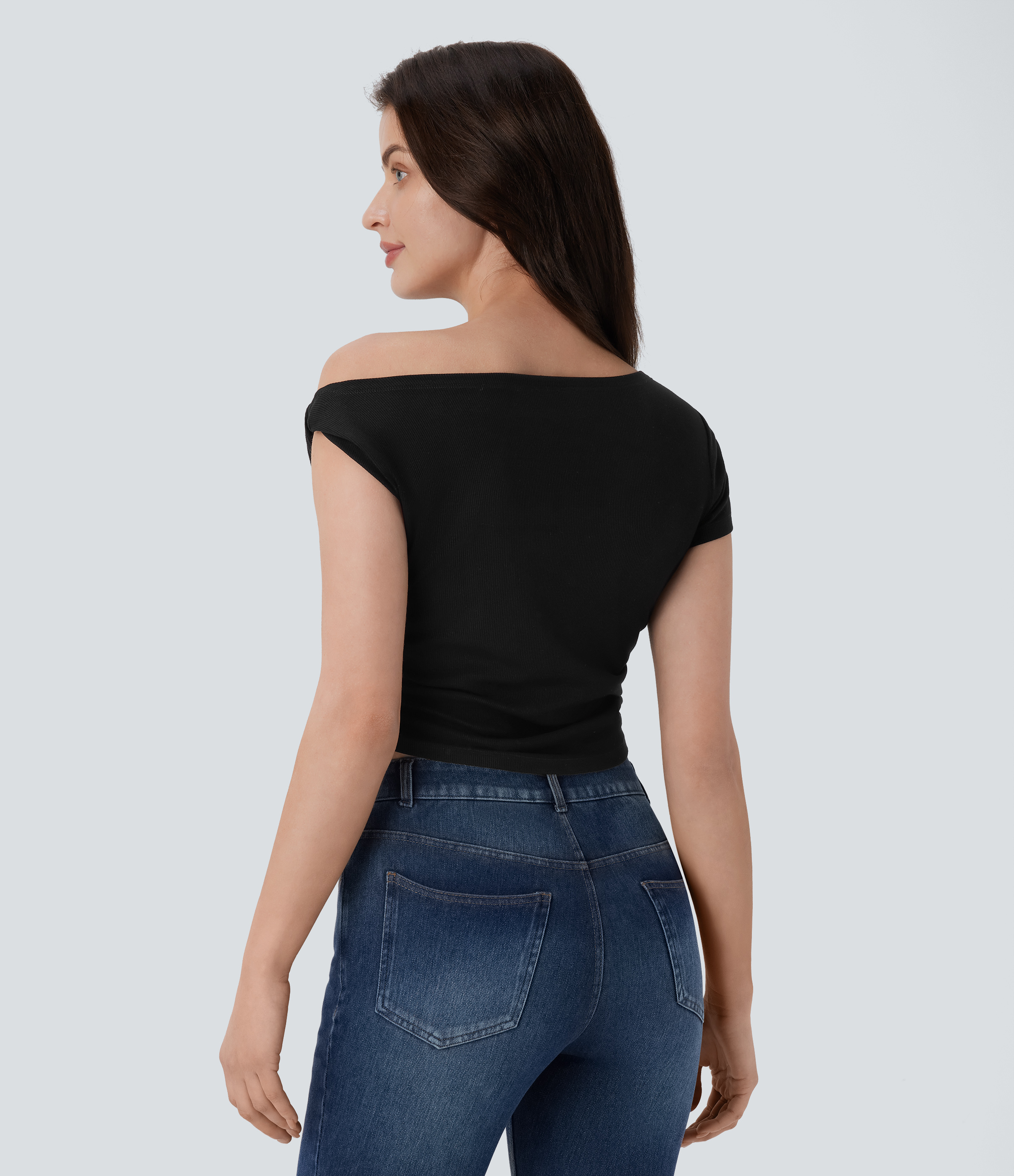 Halara Ribbed Off Shoulder Ruched Cropped Casual Top Tank Top - Black - S golf tops halter top tunic tops sleeveless tops backless top 