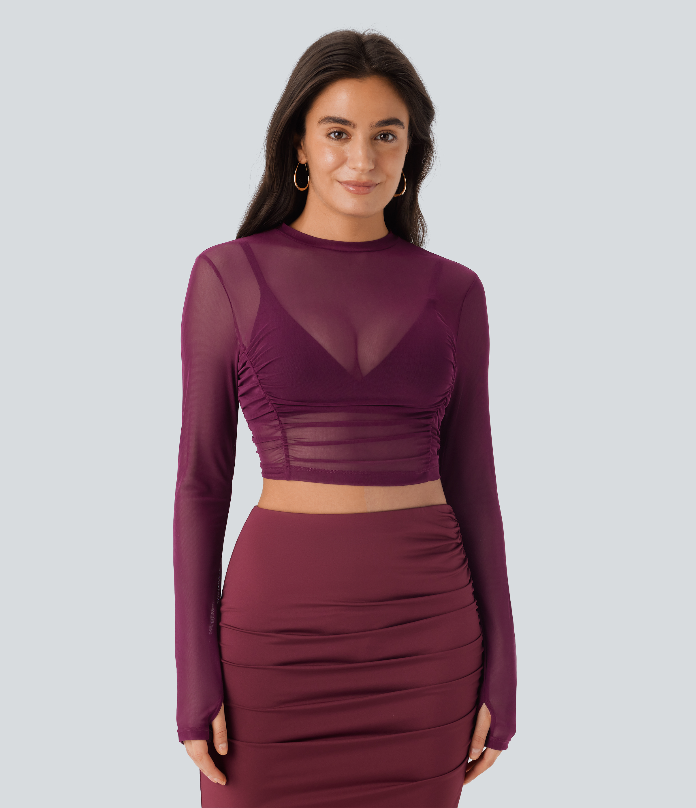 Halara Sheer Mesh Long Sleeve Thumb Hole Ruched Skinny Cropped Party Top Tank Top - Beaujolais - S golf tops halter top tunic tops 