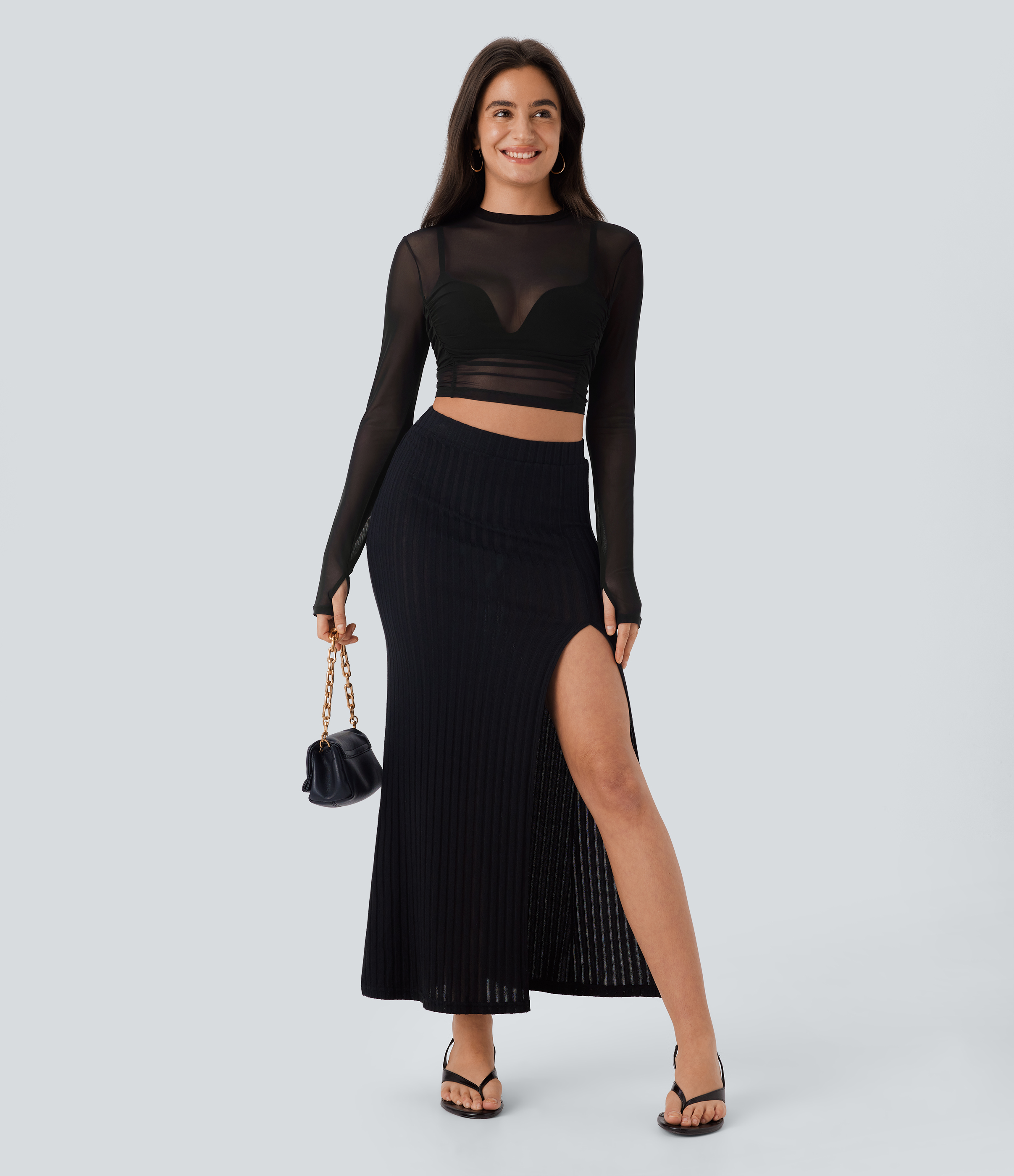 Halara Sheer Mesh Long Sleeve Thumb Hole Ruched Skinny Cropped Party Top Tank Top - Black - XL golf tops halter top tunic tops 