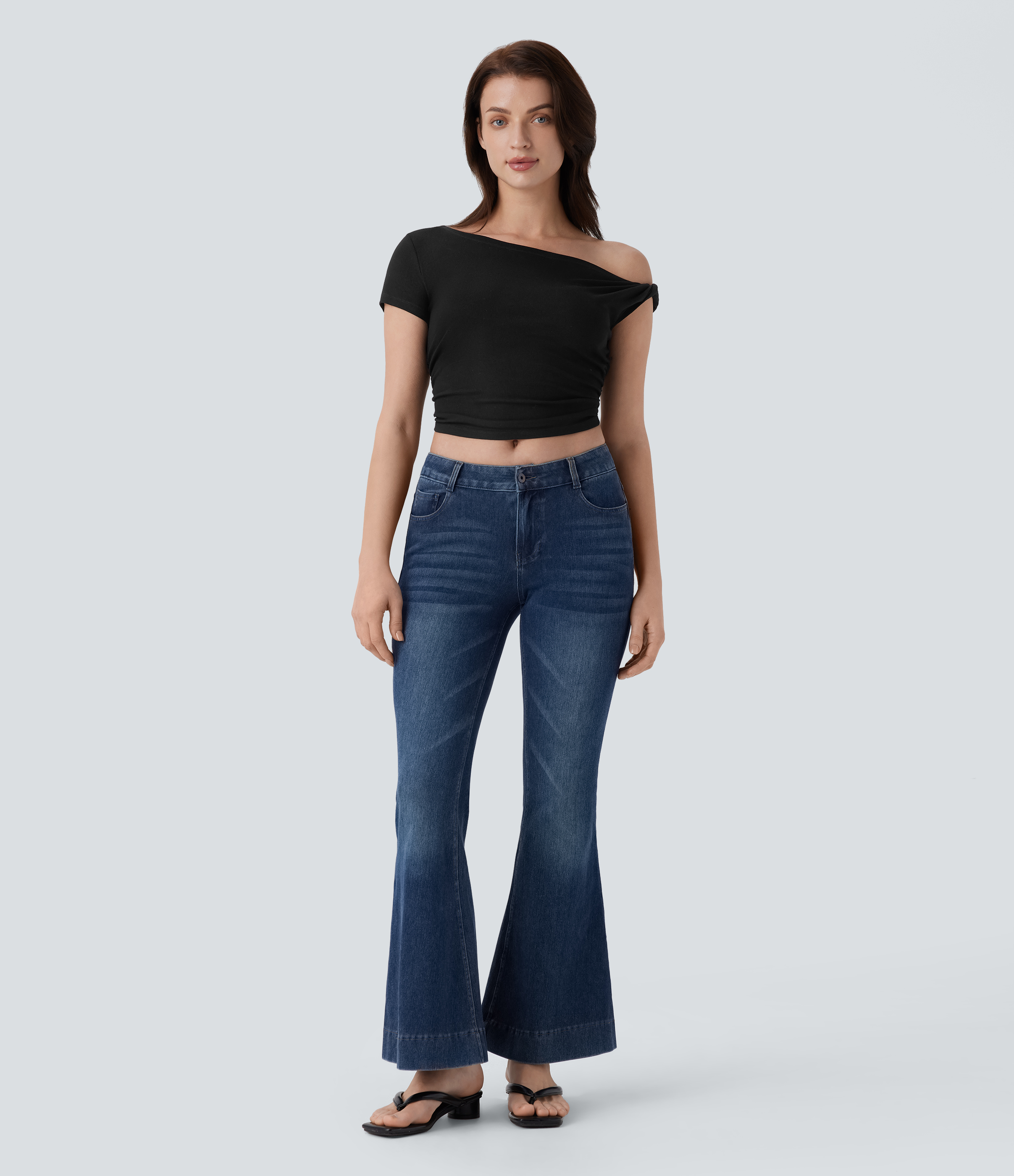 Halara Ribbed Off Shoulder Ruched Cropped Casual Top Tank Top - Black - S golf tops halter top tunic tops sleeveless tops backless top 